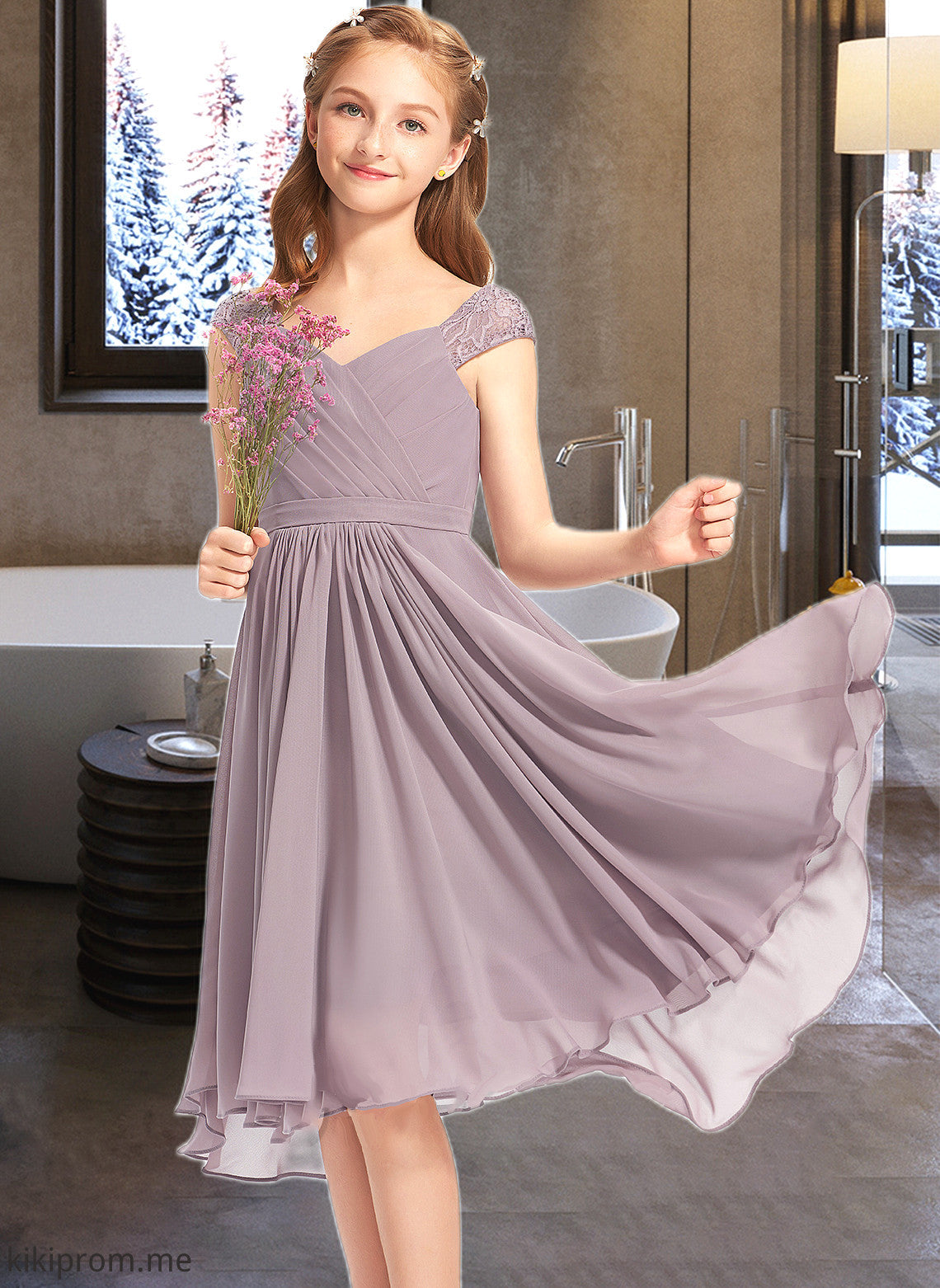 Naomi A-Line V-neck Knee-Length Chiffon Lace Junior Bridesmaid Dress With Ruffle STFP0013358