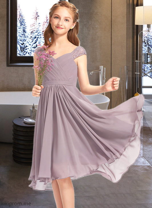 Naomi A-Line V-neck Knee-Length Chiffon Lace Junior Bridesmaid Dress With Ruffle STFP0013358