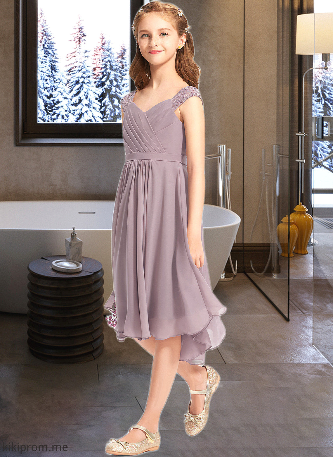 Naomi A-Line V-neck Knee-Length Chiffon Lace Junior Bridesmaid Dress With Ruffle STFP0013358