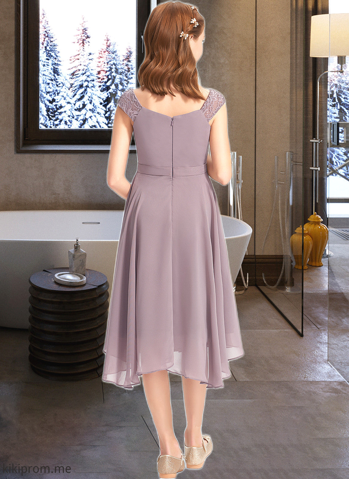 Naomi A-Line V-neck Knee-Length Chiffon Lace Junior Bridesmaid Dress With Ruffle STFP0013358