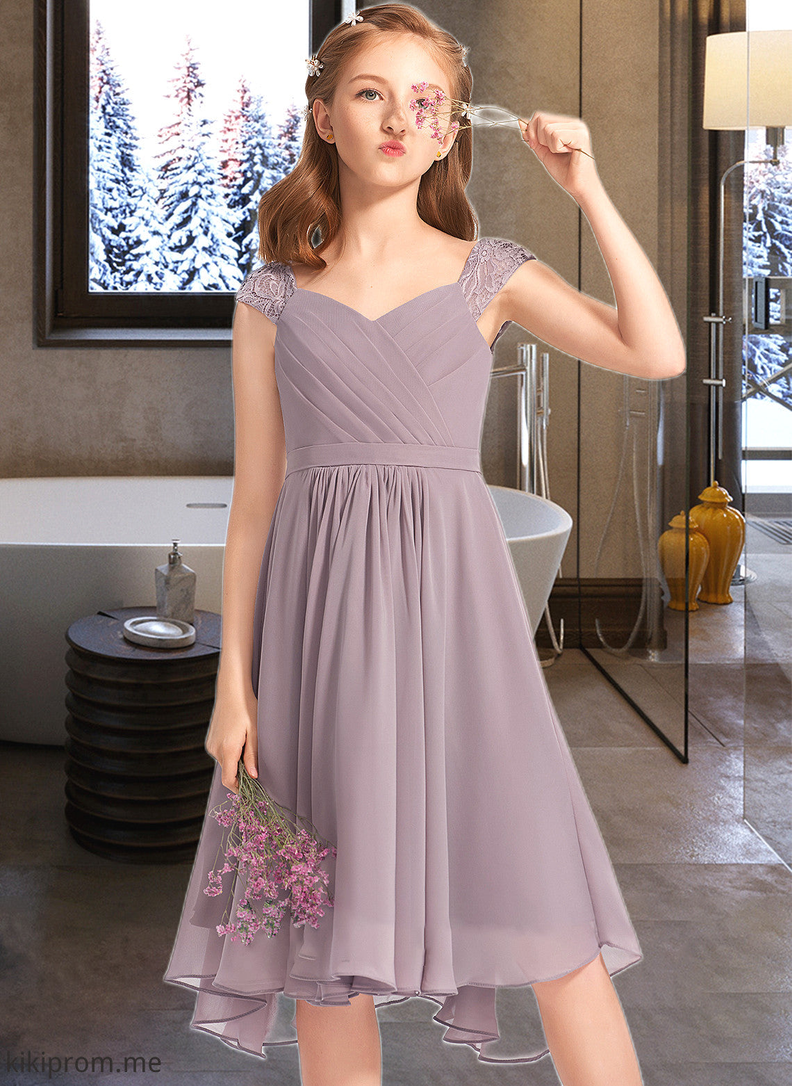 Naomi A-Line V-neck Knee-Length Chiffon Lace Junior Bridesmaid Dress With Ruffle STFP0013358