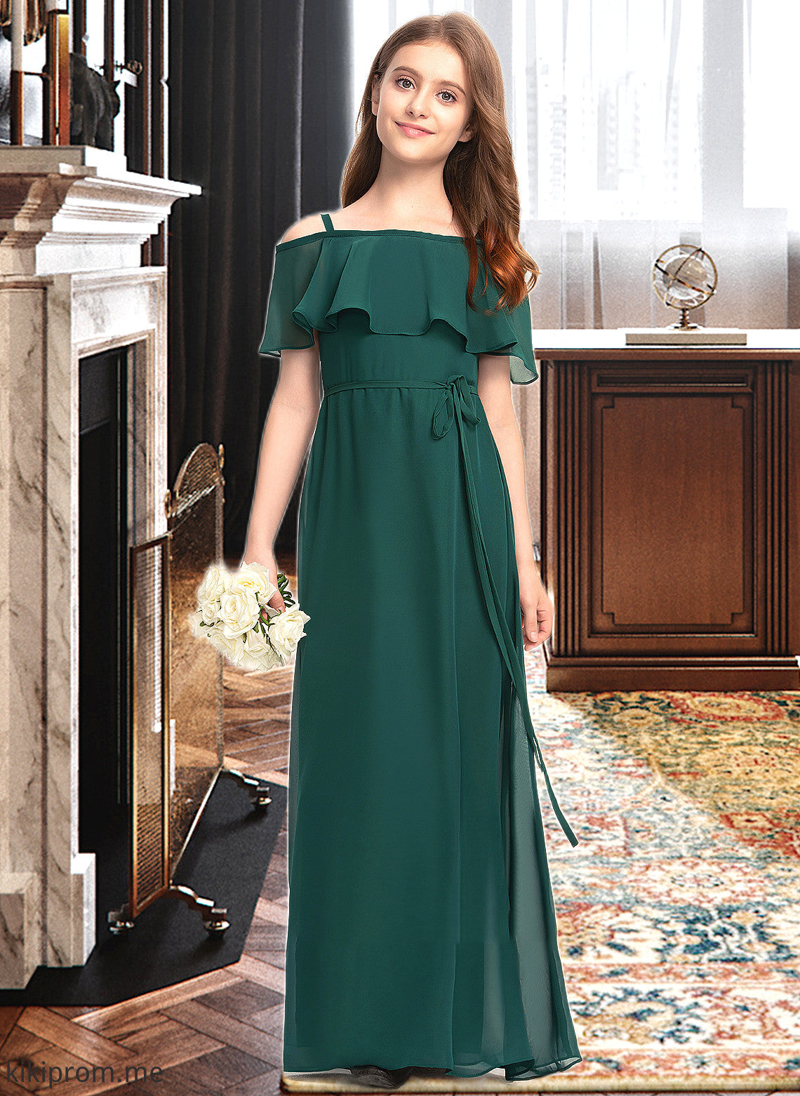 Abigail A-Line Off-the-Shoulder Floor-Length Chiffon Junior Bridesmaid Dress With Bow(s) STFP0013359