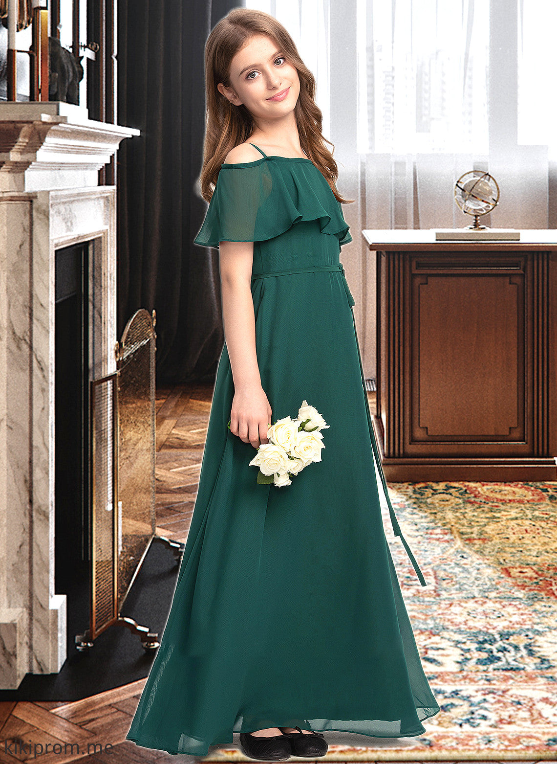 Abigail A-Line Off-the-Shoulder Floor-Length Chiffon Junior Bridesmaid Dress With Bow(s) STFP0013359