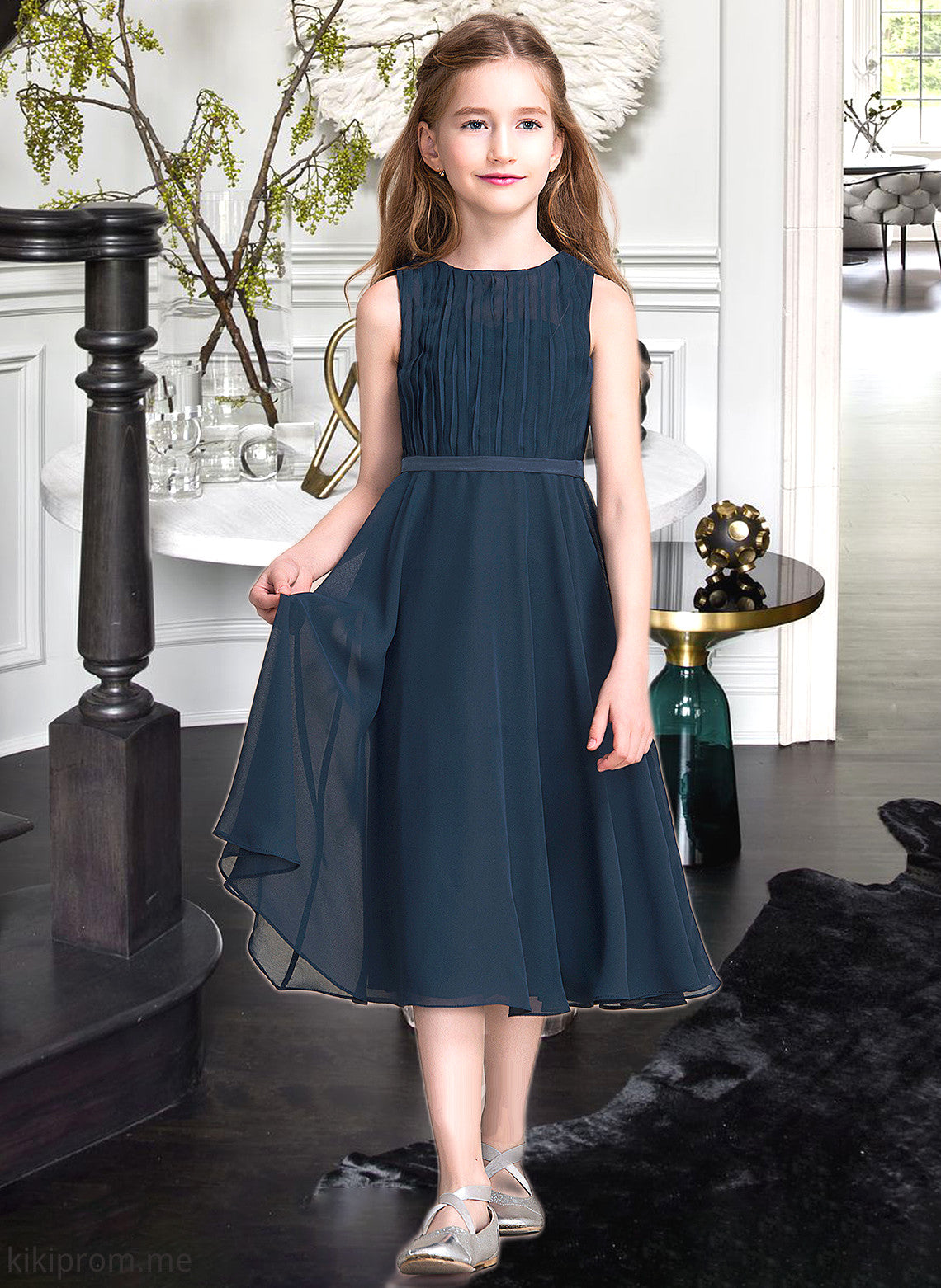 Adyson A-Line Scoop Neck Tea-Length Chiffon Junior Bridesmaid Dress With Ruffle STFP0013362