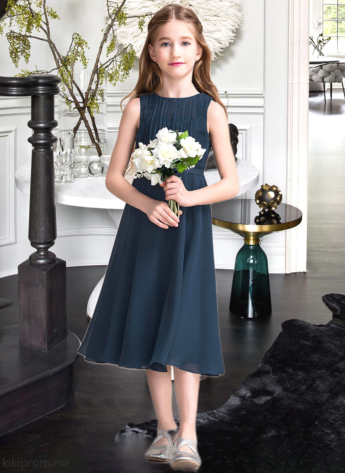 Adyson A-Line Scoop Neck Tea-Length Chiffon Junior Bridesmaid Dress With Ruffle STFP0013362