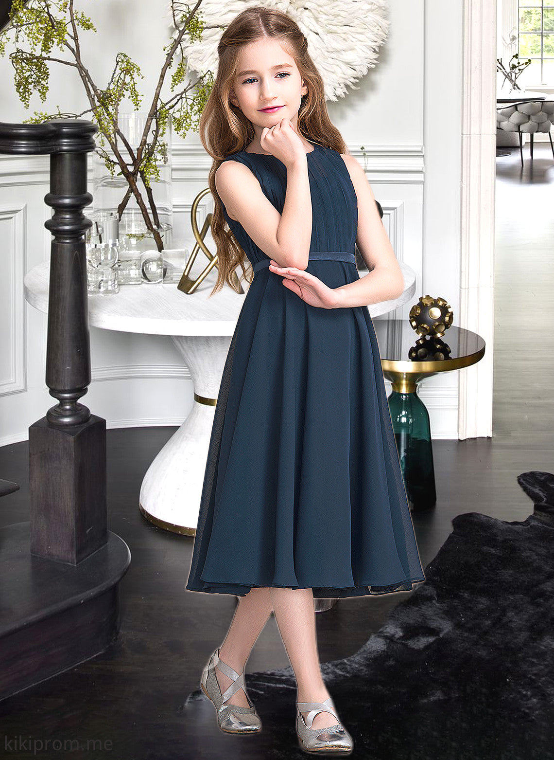 Adyson A-Line Scoop Neck Tea-Length Chiffon Junior Bridesmaid Dress With Ruffle STFP0013362