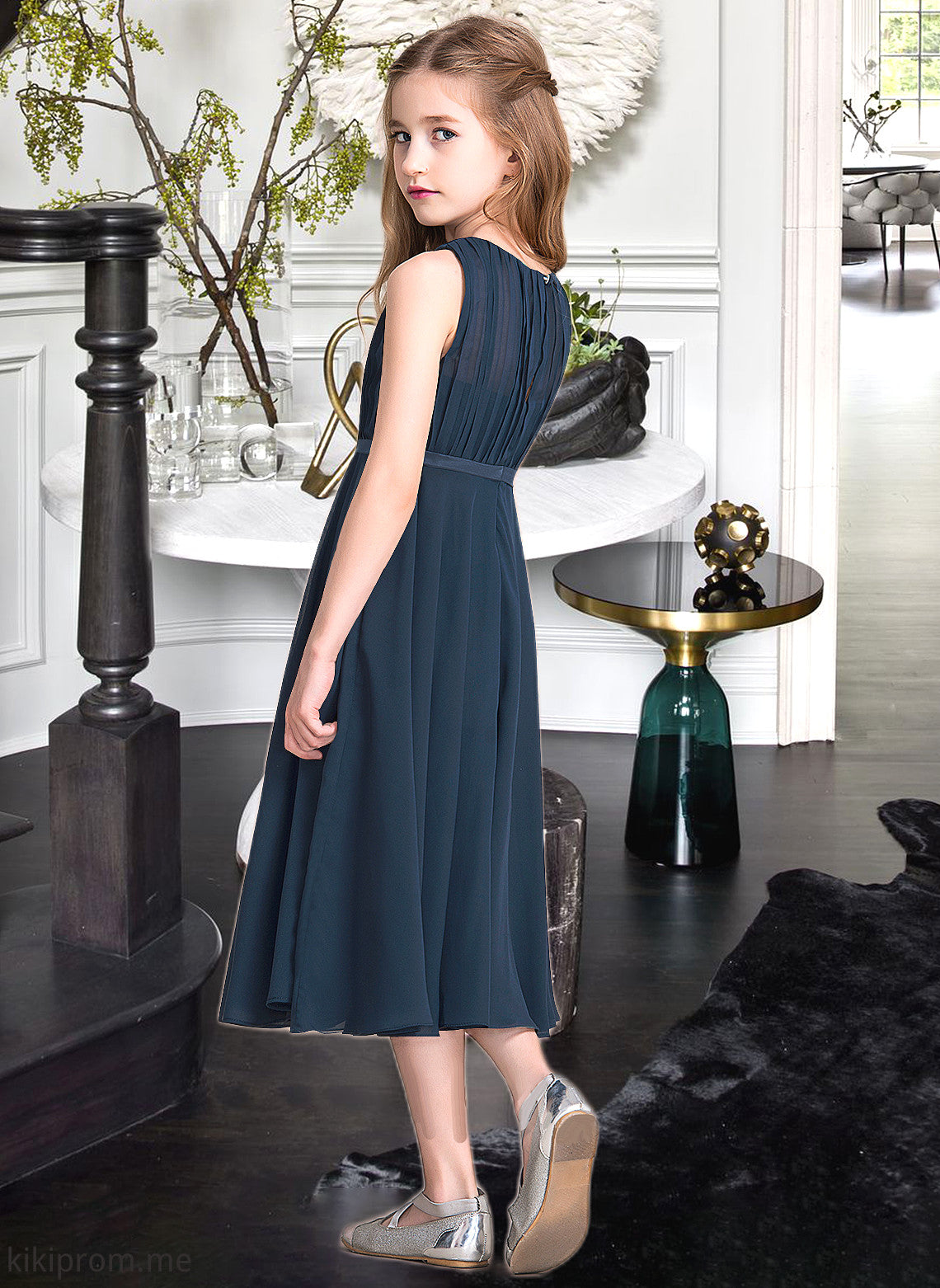 Adyson A-Line Scoop Neck Tea-Length Chiffon Junior Bridesmaid Dress With Ruffle STFP0013362