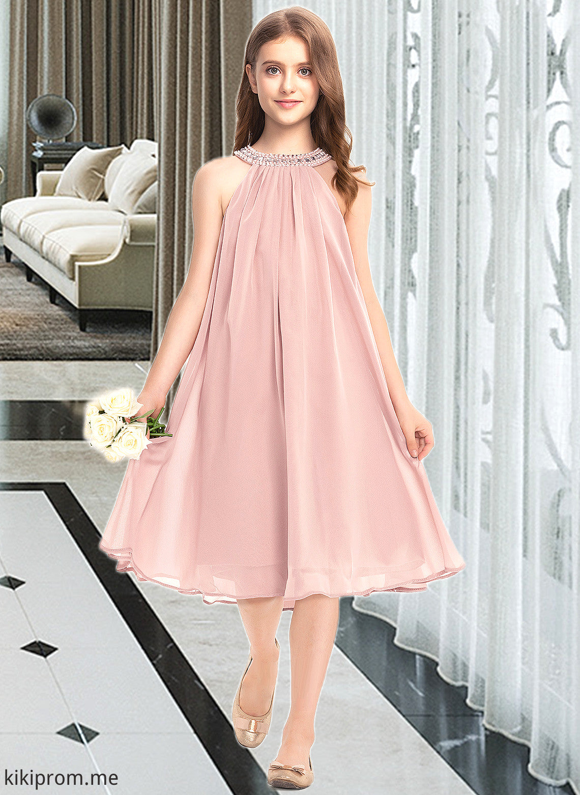 Sara A-Line Scoop Neck Knee-Length Chiffon Junior Bridesmaid Dress With Beading Sequins STFP0013365