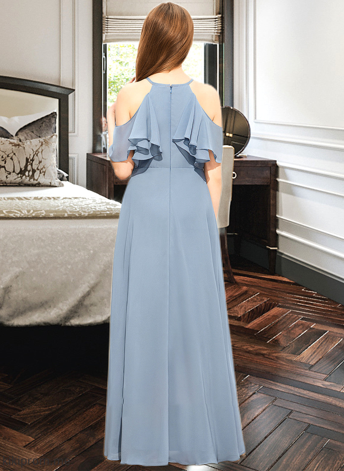 Una A-Line Scoop Neck Floor-Length Chiffon Junior Bridesmaid Dress With Cascading Ruffles STFP0013367