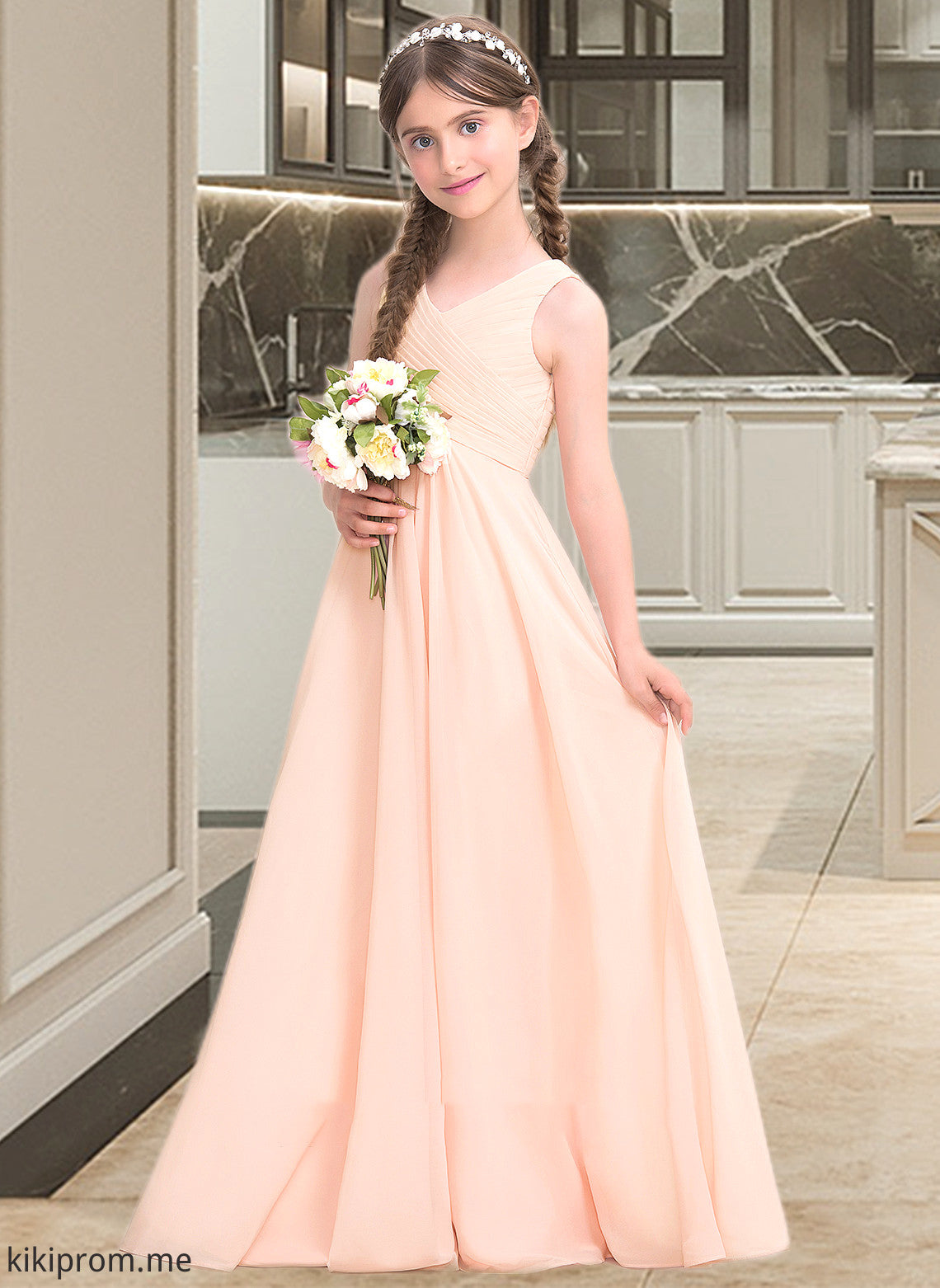 Luna A-Line V-neck Floor-Length Chiffon Junior Bridesmaid Dress With Ruffle STFP0013368