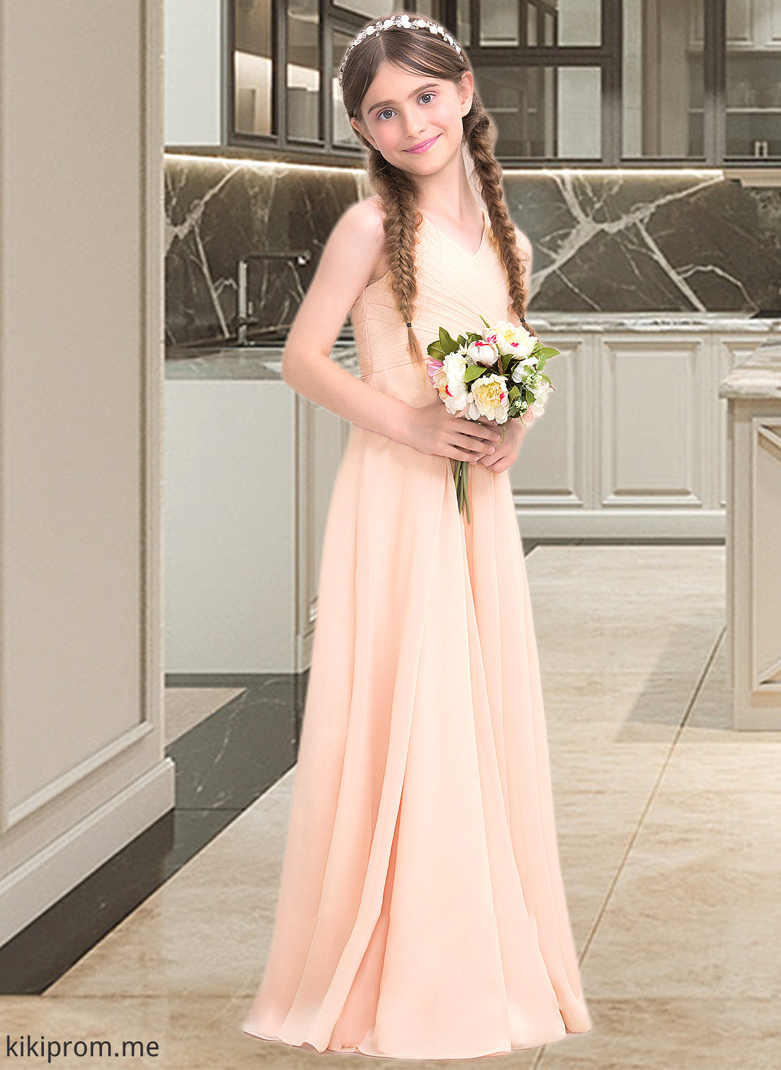 Luna A-Line V-neck Floor-Length Chiffon Junior Bridesmaid Dress With Ruffle STFP0013368