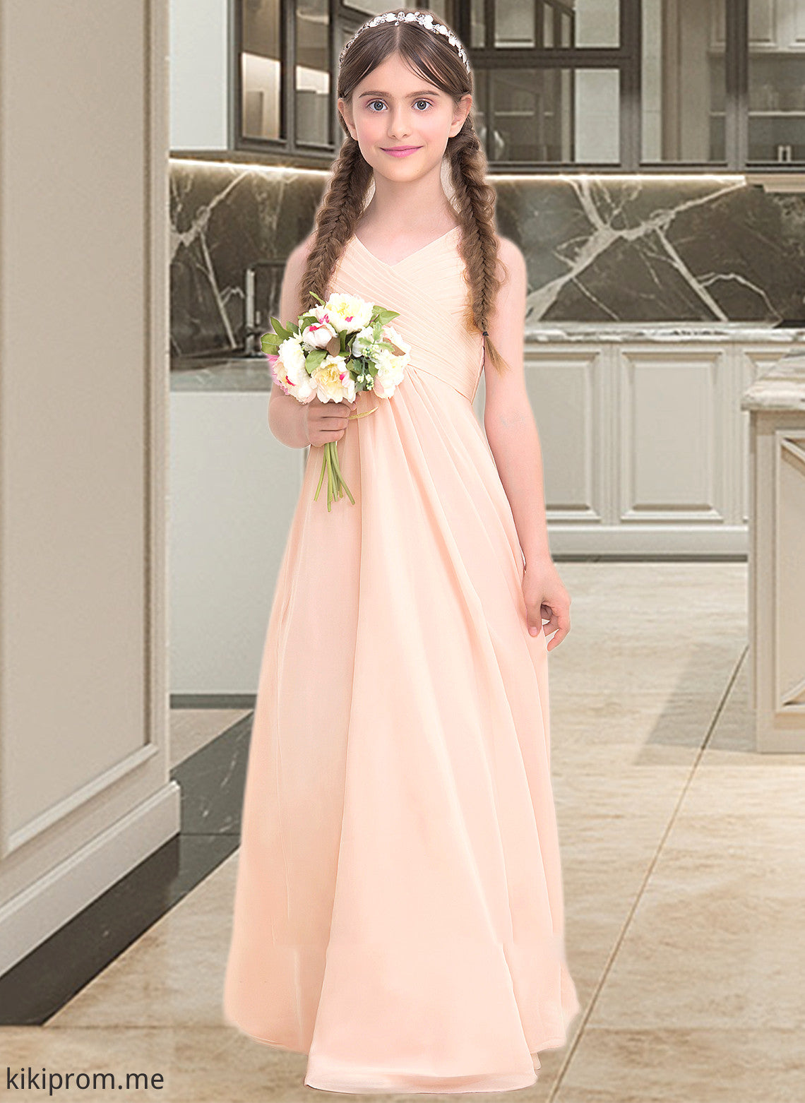 Luna A-Line V-neck Floor-Length Chiffon Junior Bridesmaid Dress With Ruffle STFP0013368