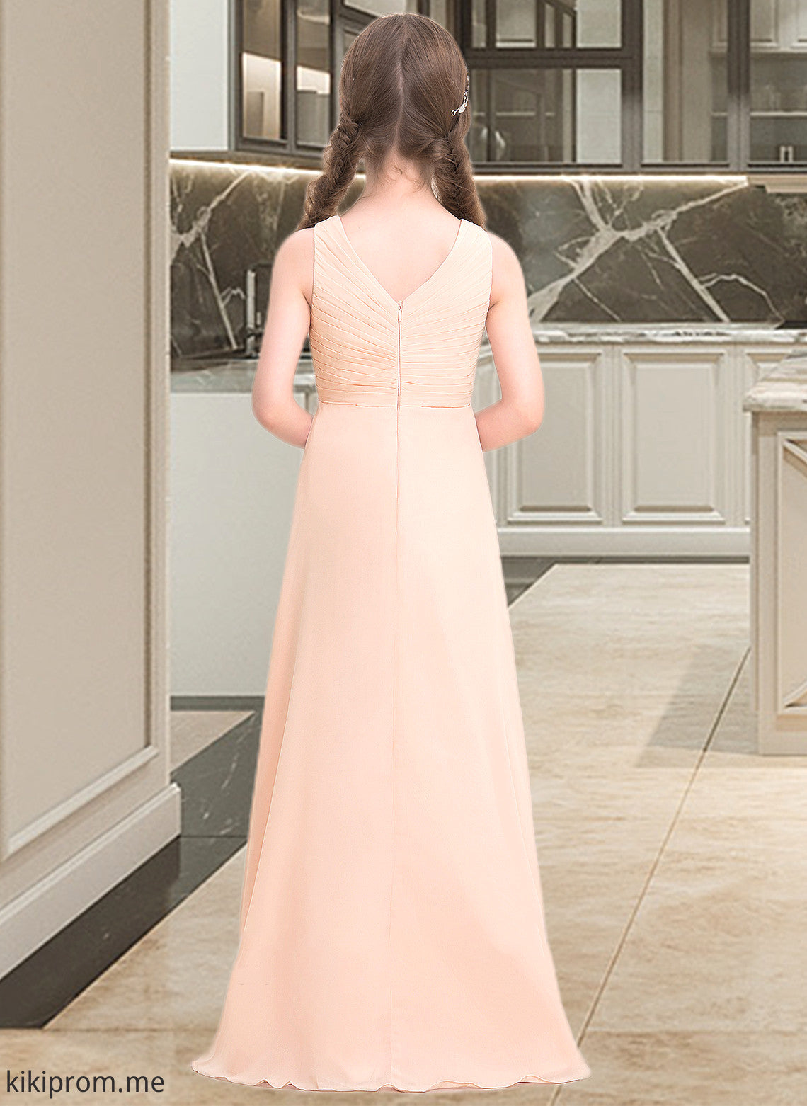 Luna A-Line V-neck Floor-Length Chiffon Junior Bridesmaid Dress With Ruffle STFP0013368