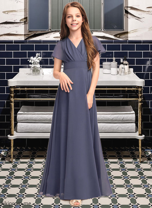 Aria A-Line V-neck Floor-Length Chiffon Junior Bridesmaid Dress With Ruffle Bow(s) STFP0013369