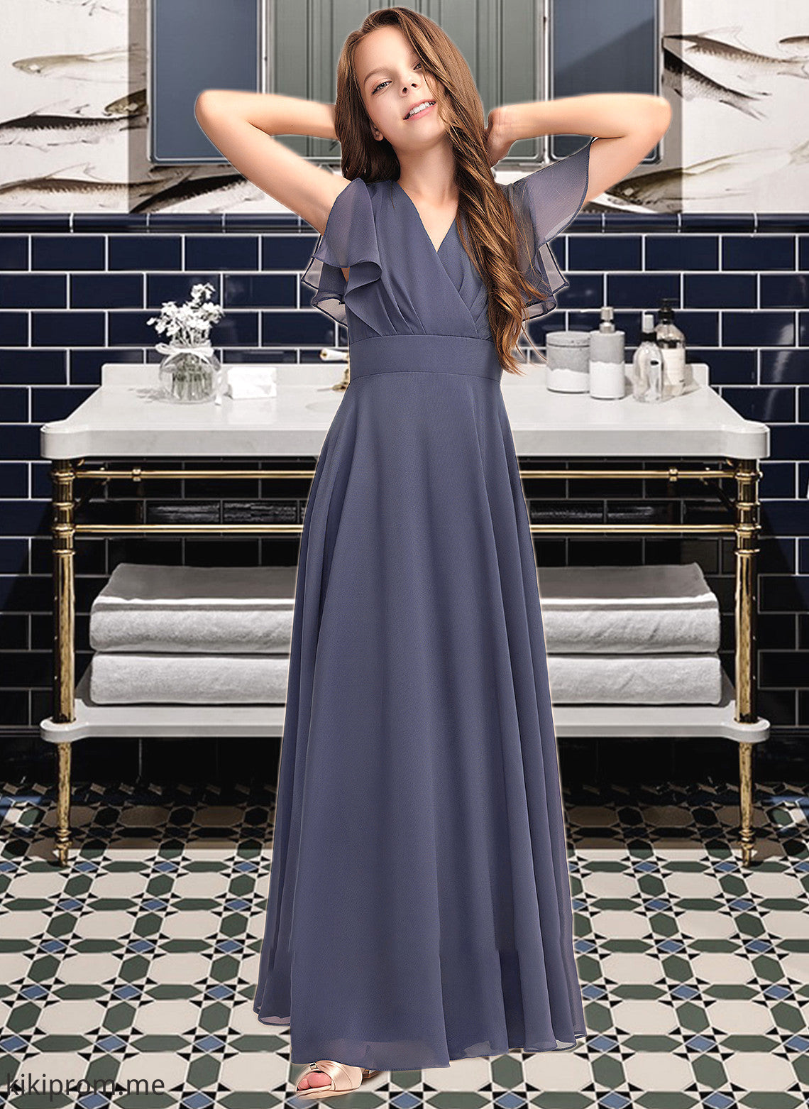 Aria A-Line V-neck Floor-Length Chiffon Junior Bridesmaid Dress With Ruffle Bow(s) STFP0013369