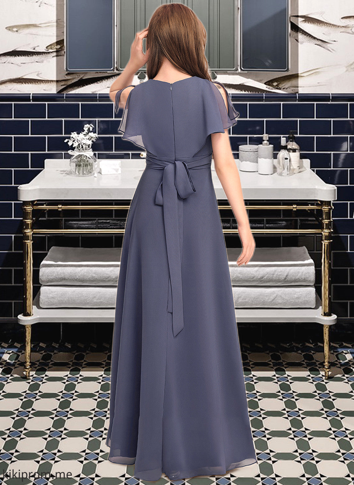 Aria A-Line V-neck Floor-Length Chiffon Junior Bridesmaid Dress With Ruffle Bow(s) STFP0013369