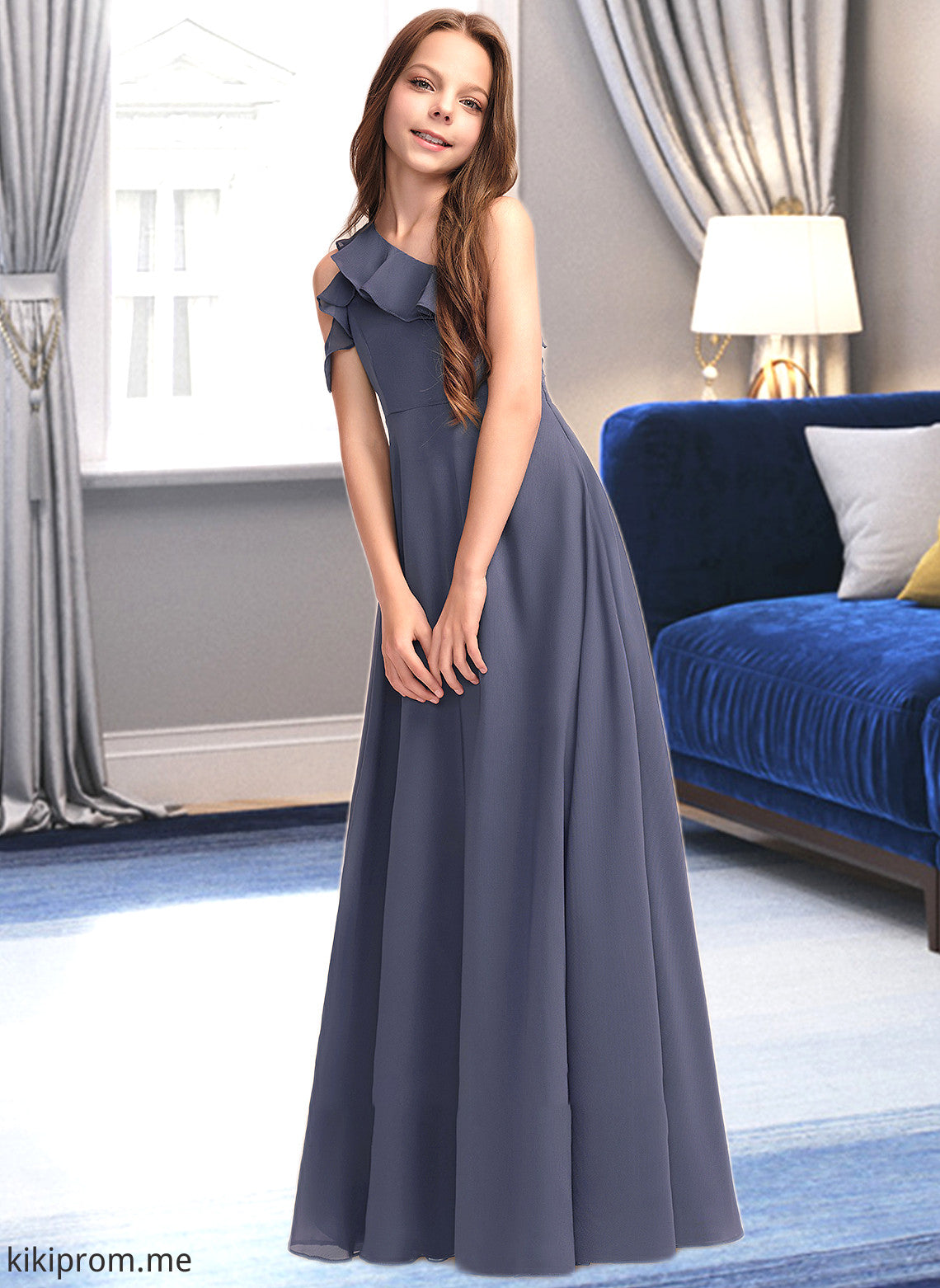 Jacquelyn A-Line One-Shoulder Floor-Length Chiffon Junior Bridesmaid Dress With Cascading Ruffles STFP0013370