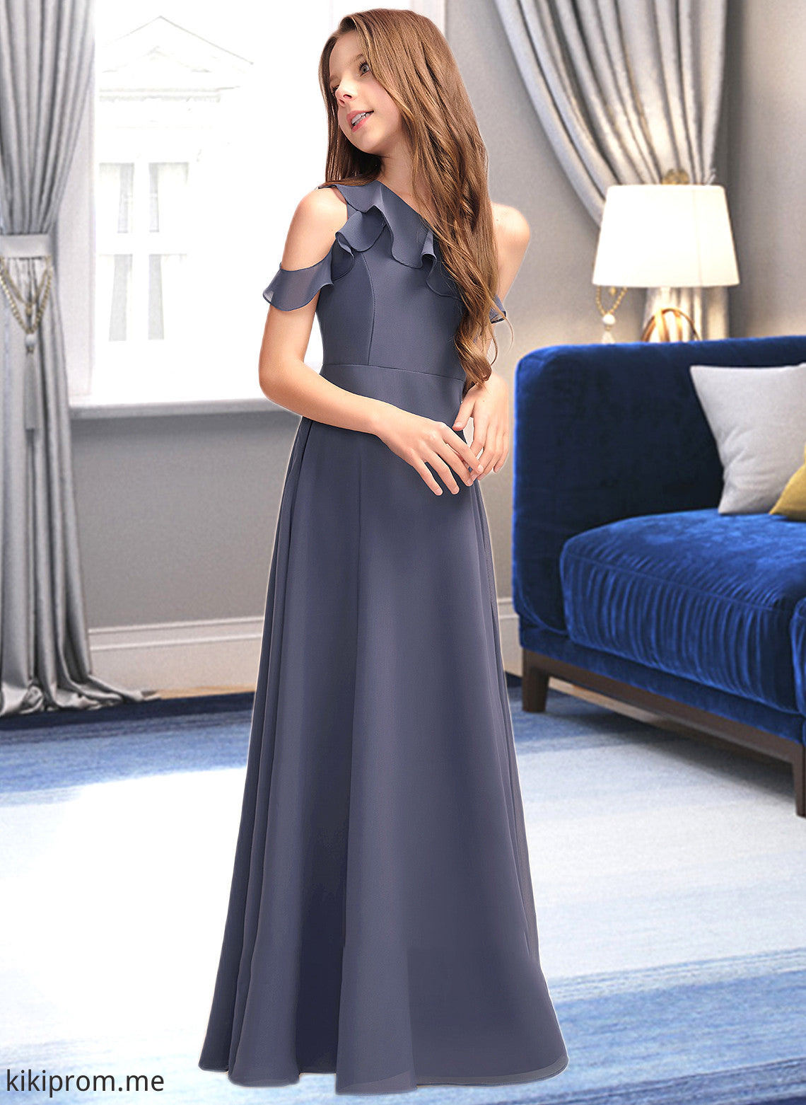 Jacquelyn A-Line One-Shoulder Floor-Length Chiffon Junior Bridesmaid Dress With Cascading Ruffles STFP0013370