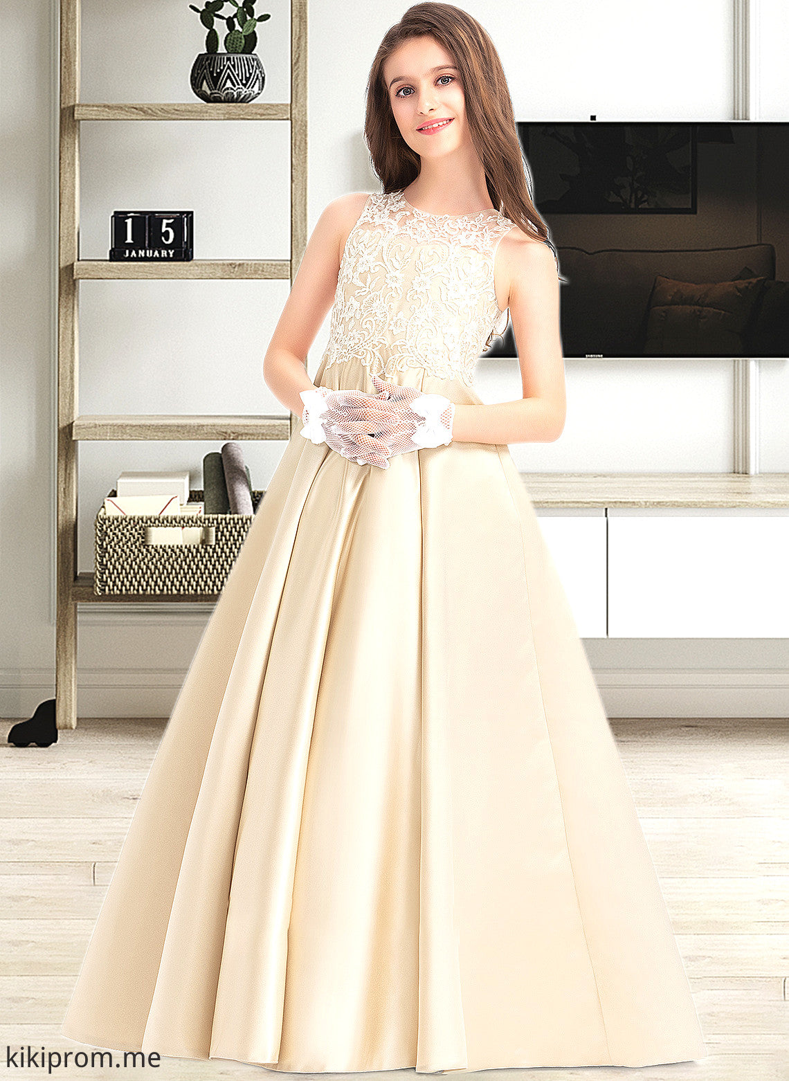 Aiyana Ball-Gown/Princess Scoop Neck Floor-Length Satin Lace Junior Bridesmaid Dress STFP0013374