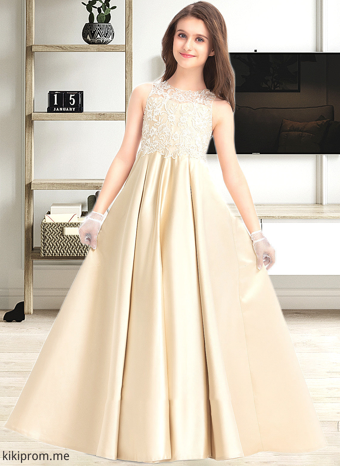 Aiyana Ball-Gown/Princess Scoop Neck Floor-Length Satin Lace Junior Bridesmaid Dress STFP0013374