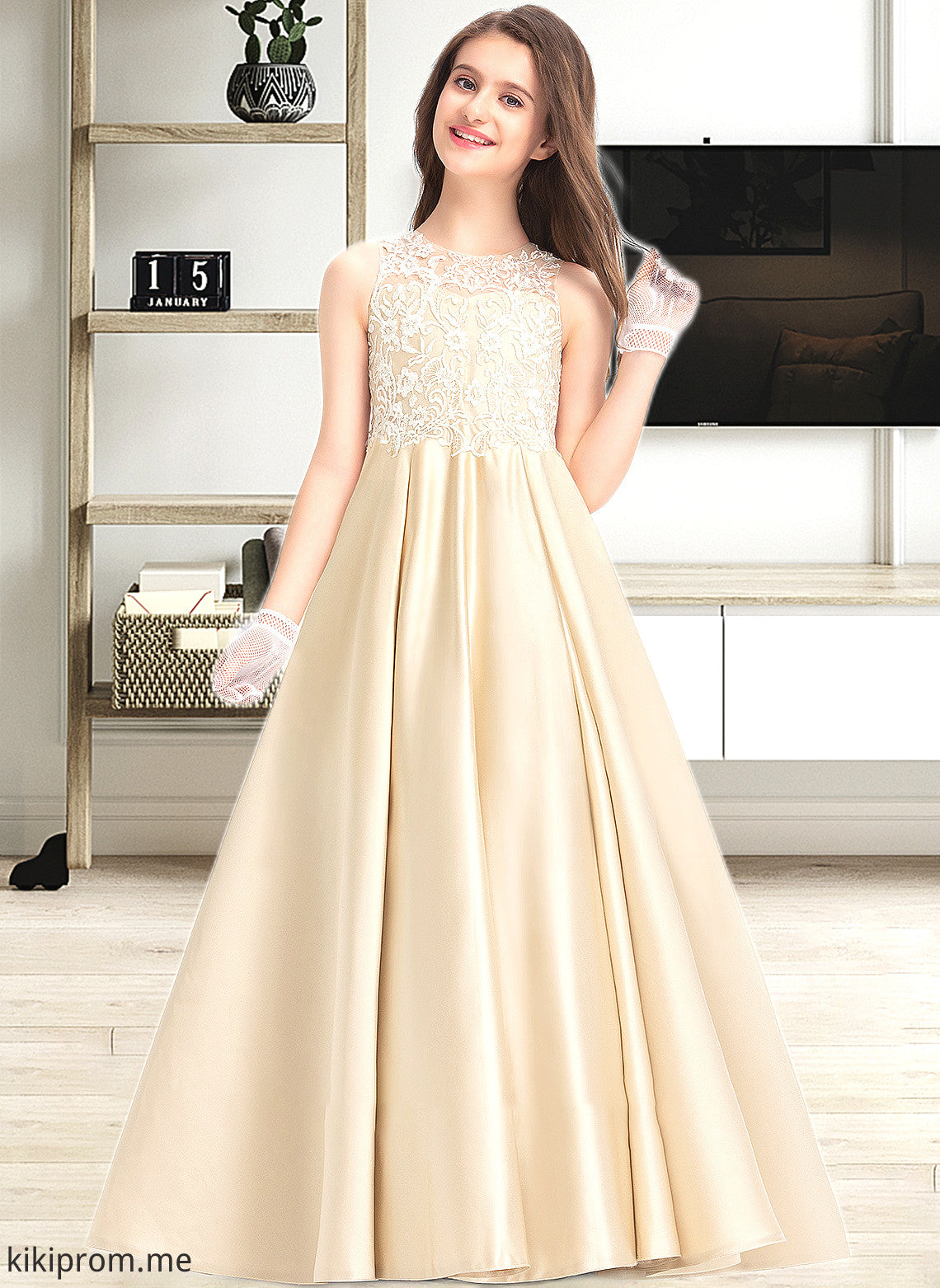 Aiyana Ball-Gown/Princess Scoop Neck Floor-Length Satin Lace Junior Bridesmaid Dress STFP0013374