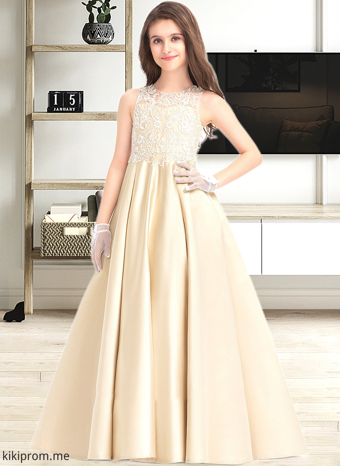 Aiyana Ball-Gown/Princess Scoop Neck Floor-Length Satin Lace Junior Bridesmaid Dress STFP0013374