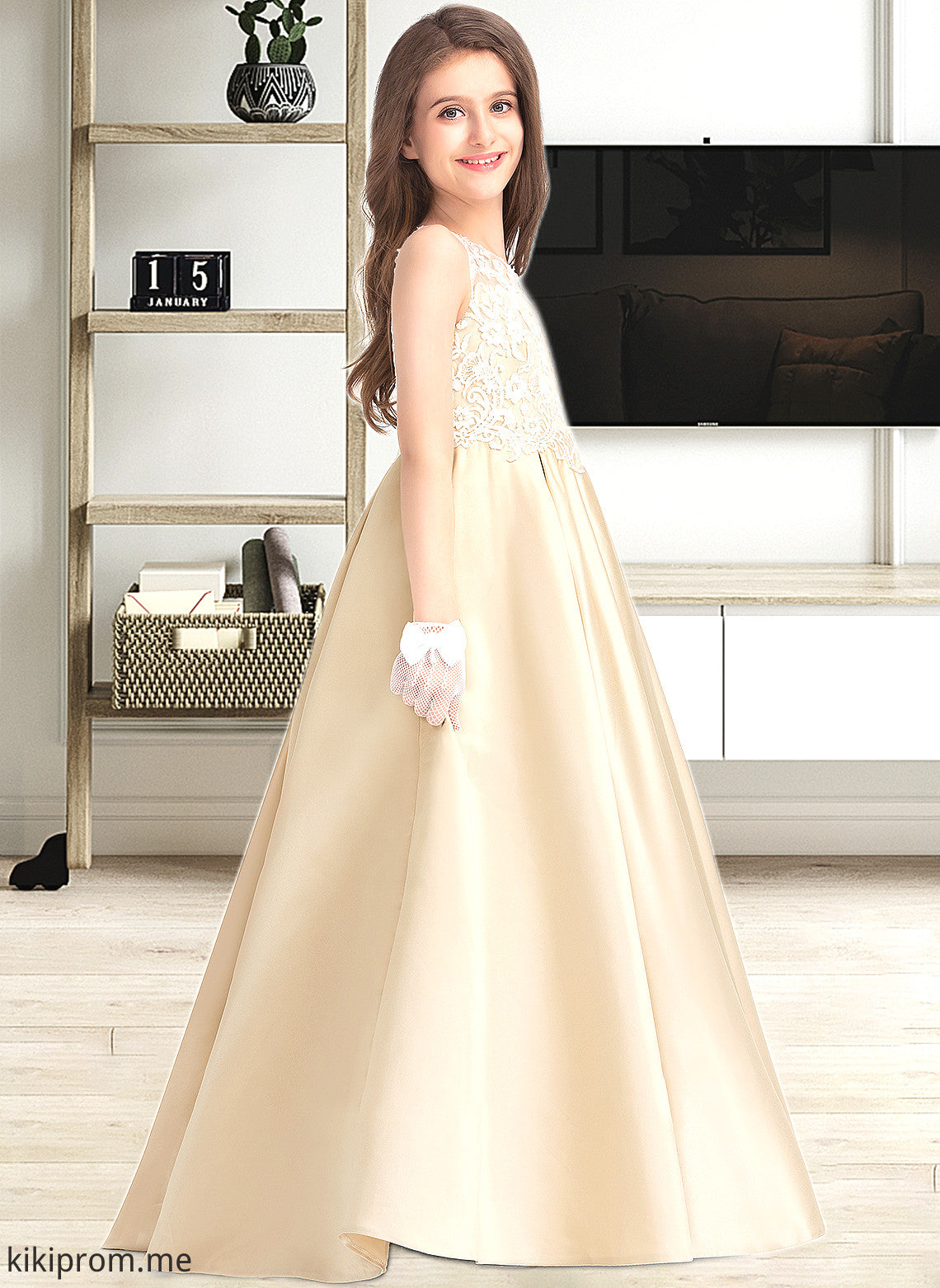 Aiyana Ball-Gown/Princess Scoop Neck Floor-Length Satin Lace Junior Bridesmaid Dress STFP0013374