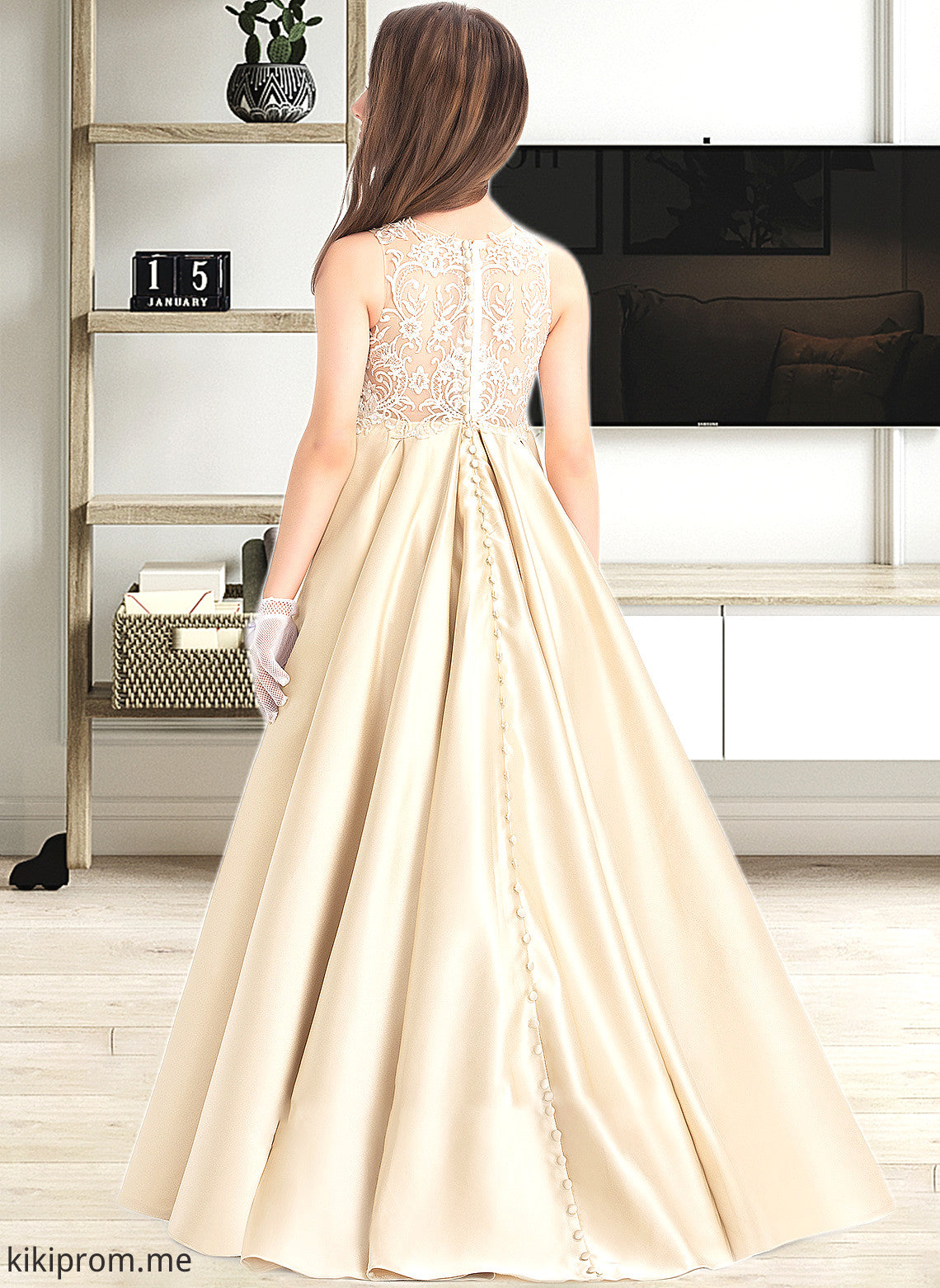 Aiyana Ball-Gown/Princess Scoop Neck Floor-Length Satin Lace Junior Bridesmaid Dress STFP0013374