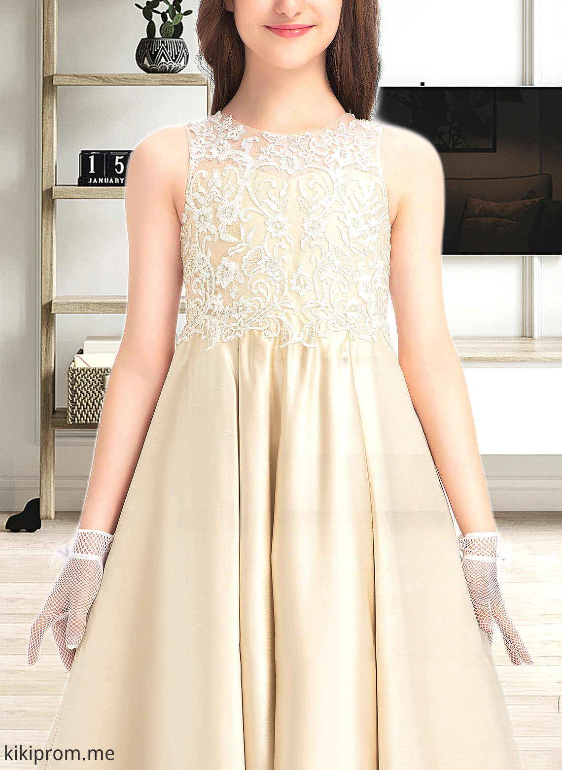 Aiyana Ball-Gown/Princess Scoop Neck Floor-Length Satin Lace Junior Bridesmaid Dress STFP0013374