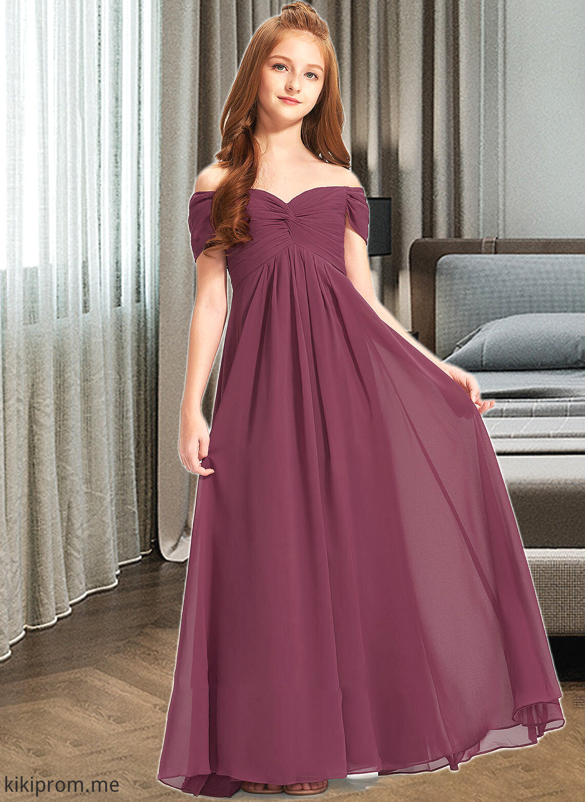 Lilith A-Line Off-the-Shoulder Floor-Length Chiffon Junior Bridesmaid Dress With Ruffle STFP0013376