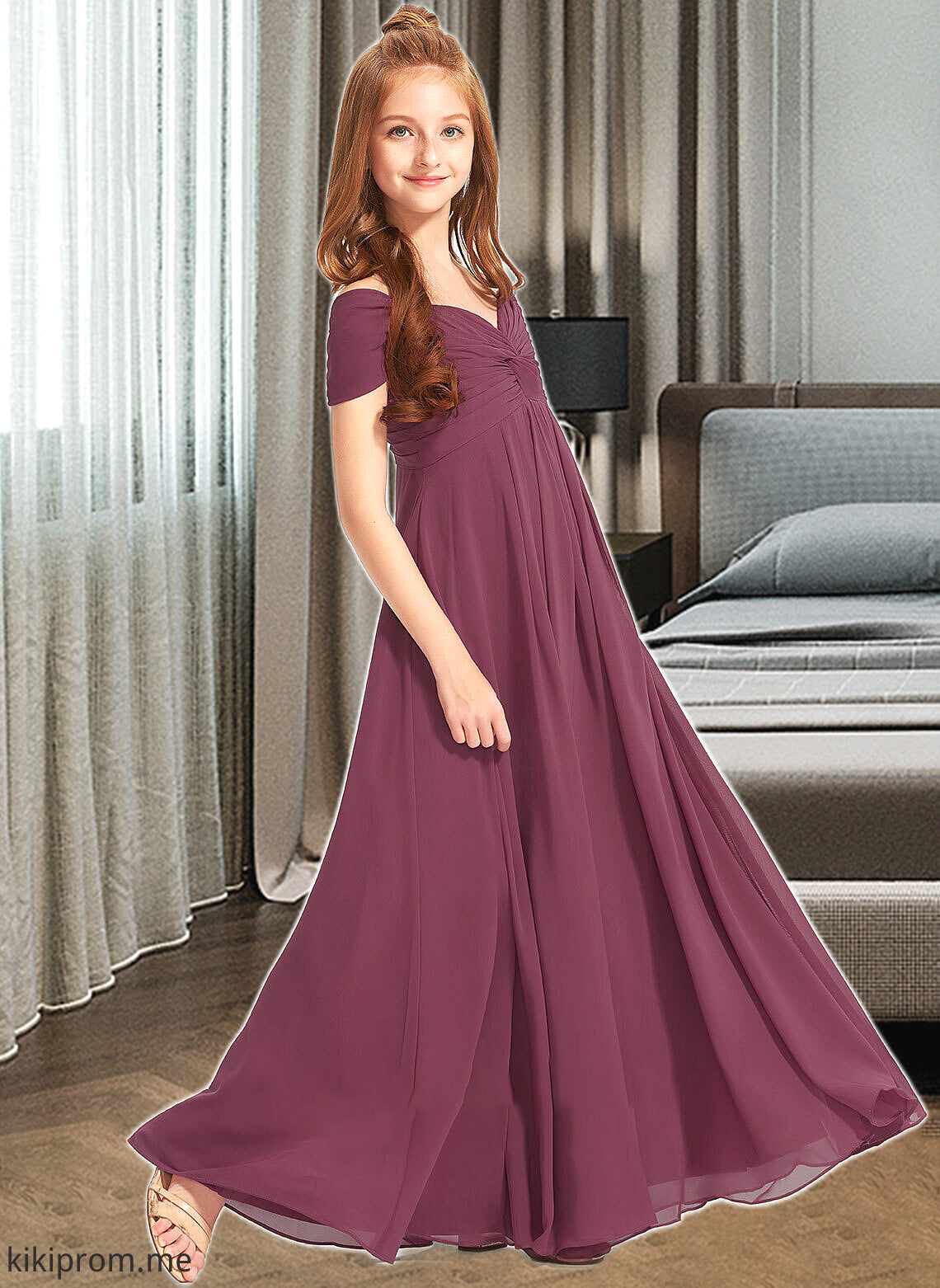 Lilith A-Line Off-the-Shoulder Floor-Length Chiffon Junior Bridesmaid Dress With Ruffle STFP0013376