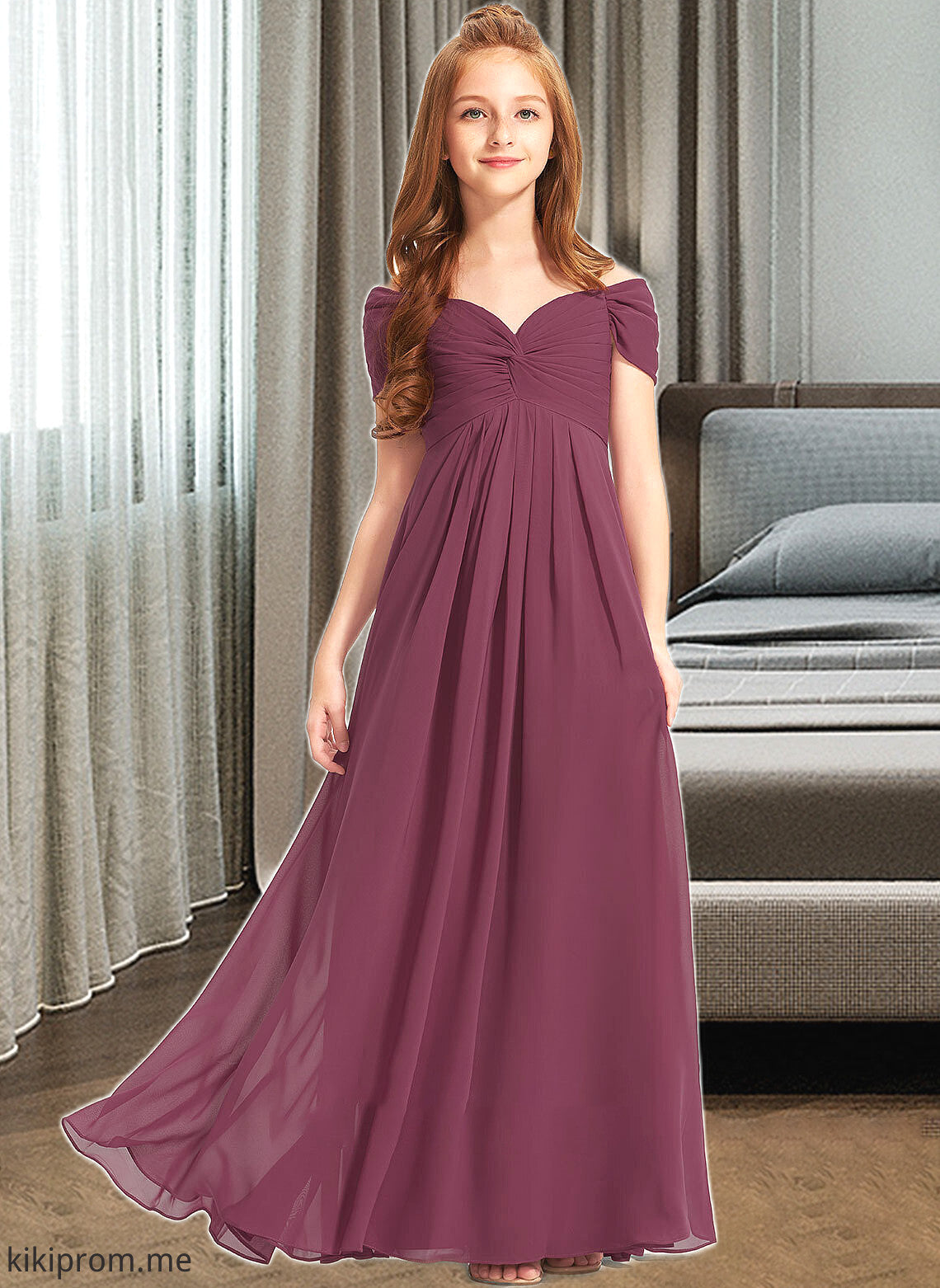 Lilith A-Line Off-the-Shoulder Floor-Length Chiffon Junior Bridesmaid Dress With Ruffle STFP0013376