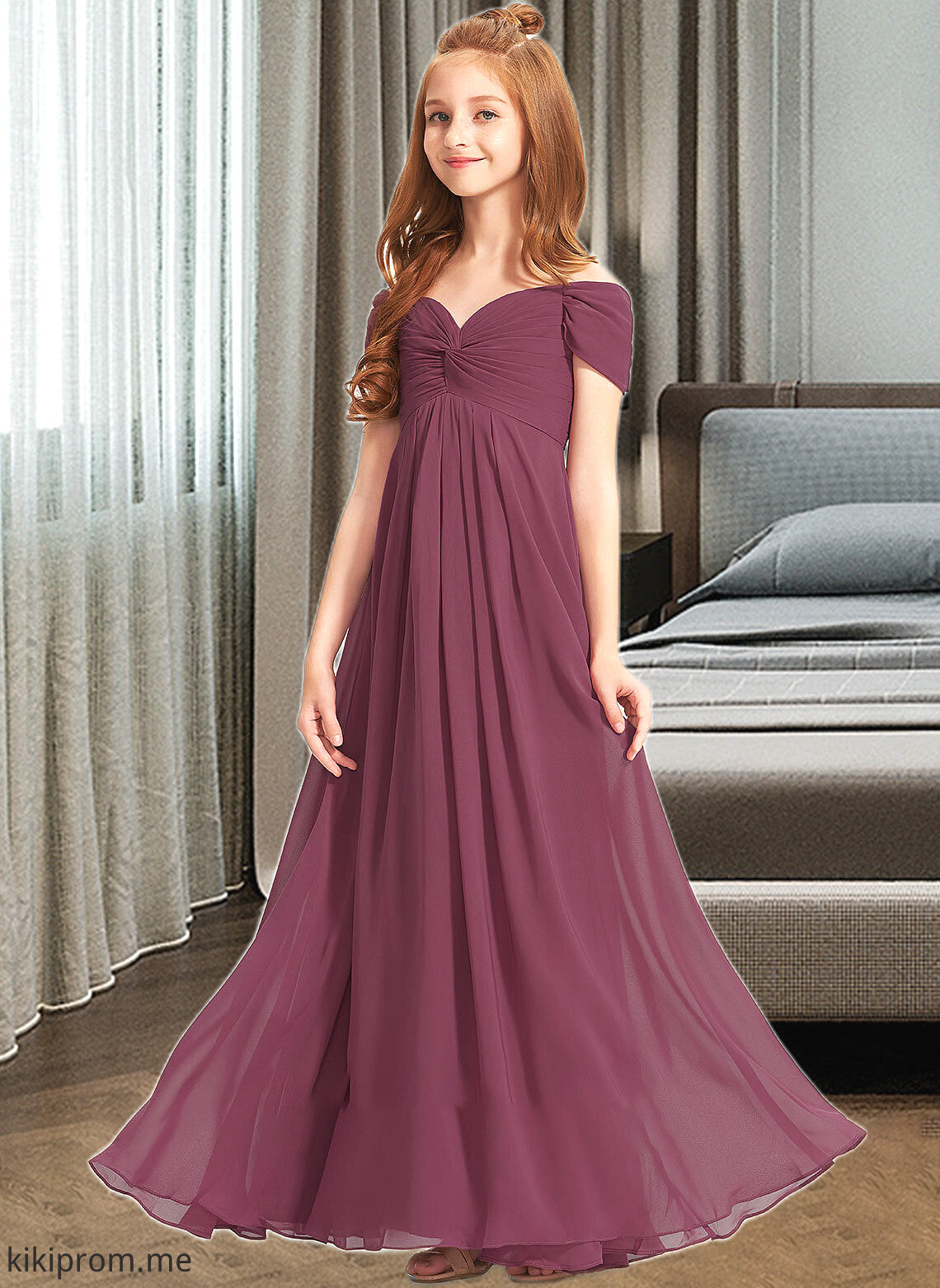 Lilith A-Line Off-the-Shoulder Floor-Length Chiffon Junior Bridesmaid Dress With Ruffle STFP0013376