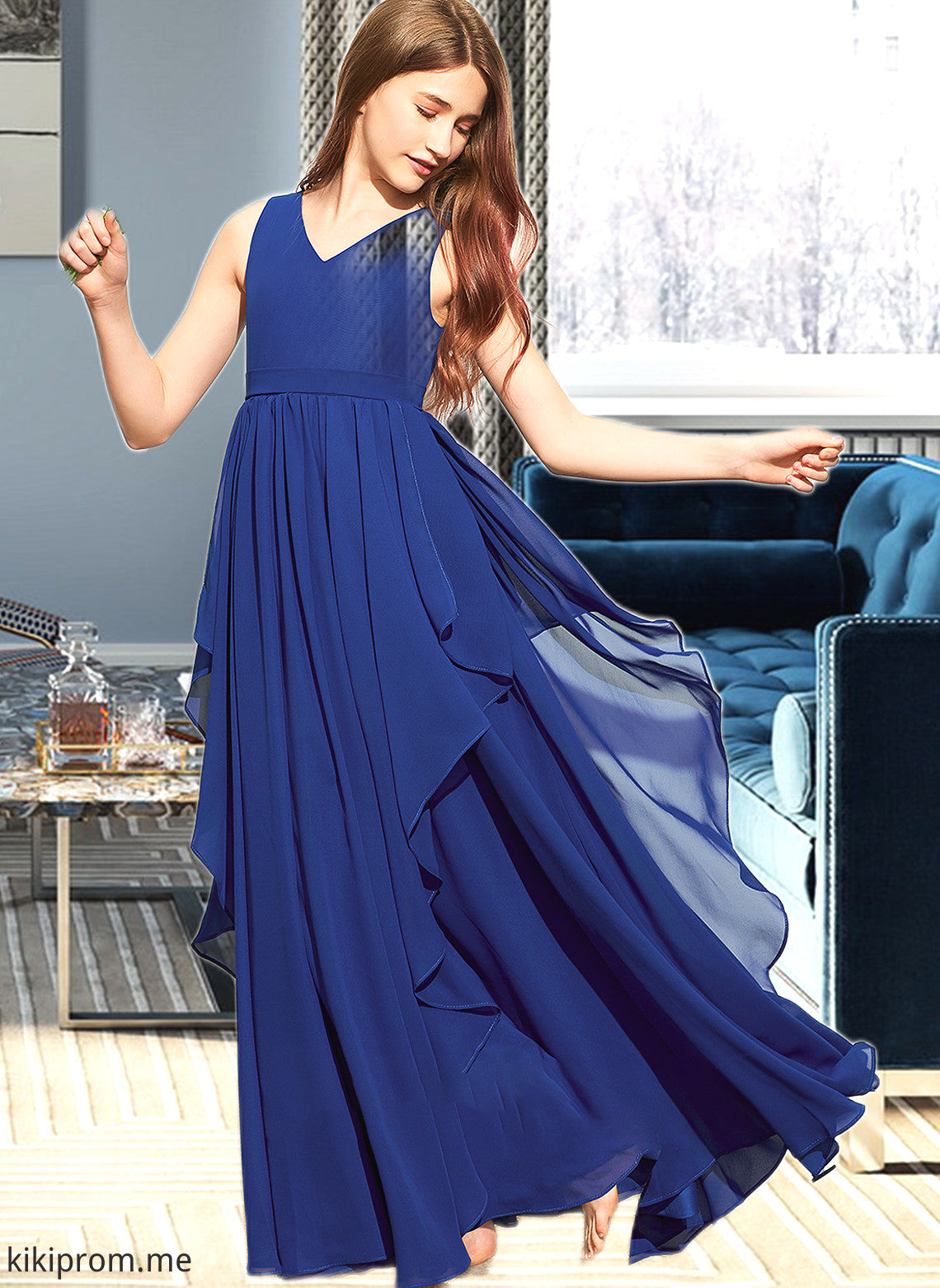 Cindy A-Line V-neck Floor-Length Chiffon Junior Bridesmaid Dress With Cascading Ruffles STFP0013381