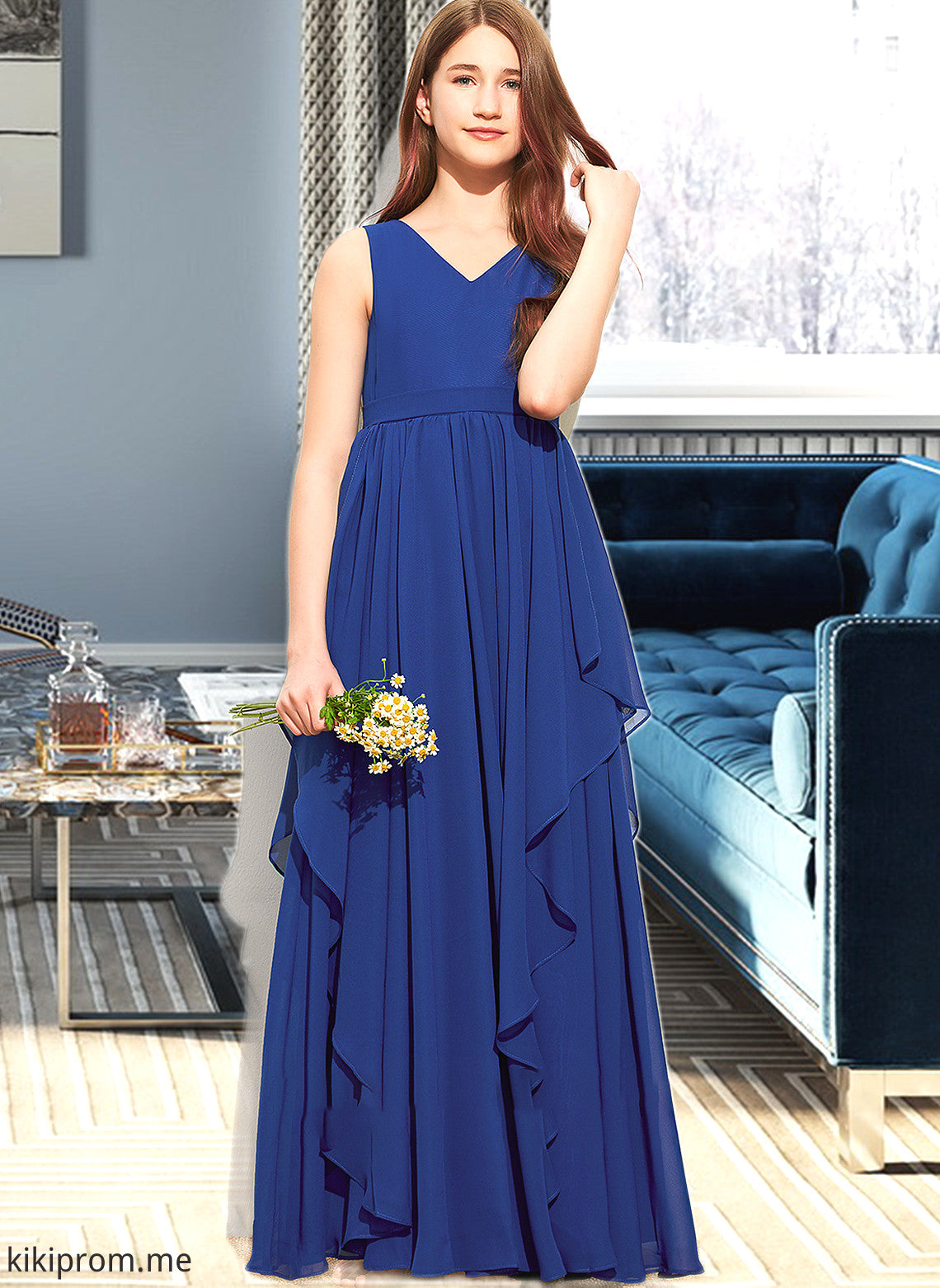 Cindy A-Line V-neck Floor-Length Chiffon Junior Bridesmaid Dress With Cascading Ruffles STFP0013381