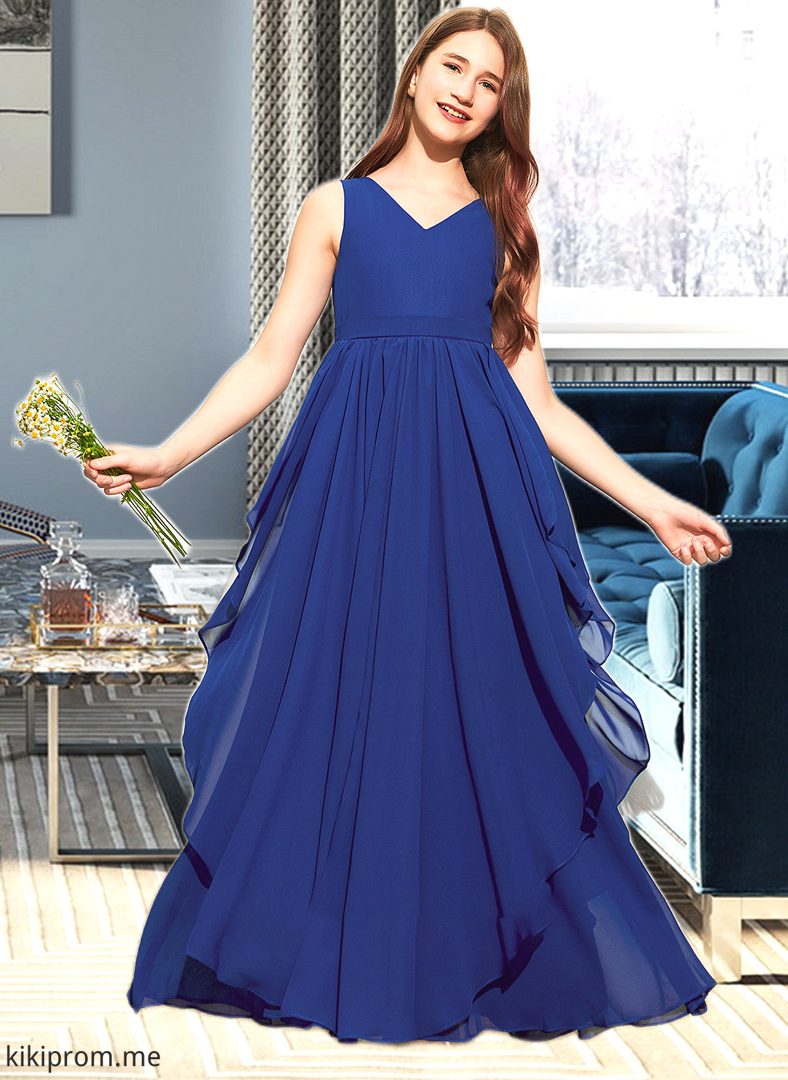 Cindy A-Line V-neck Floor-Length Chiffon Junior Bridesmaid Dress With Cascading Ruffles STFP0013381