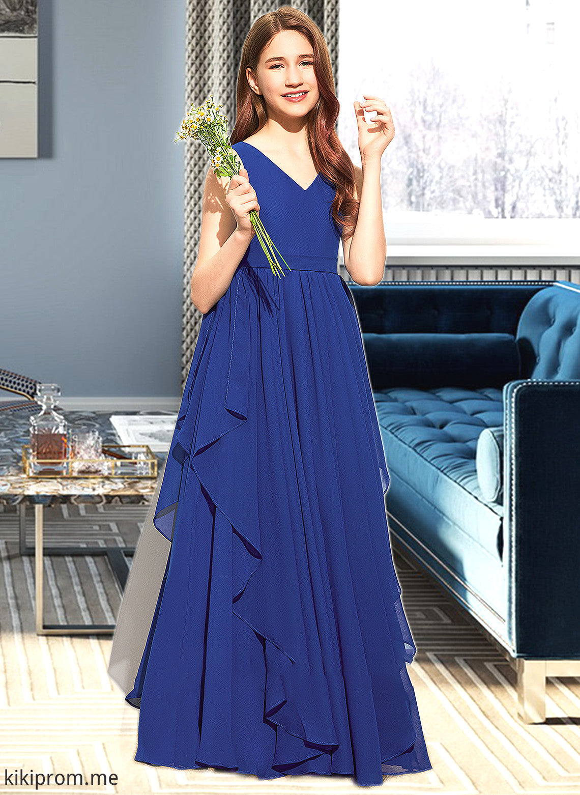 Cindy A-Line V-neck Floor-Length Chiffon Junior Bridesmaid Dress With Cascading Ruffles STFP0013381