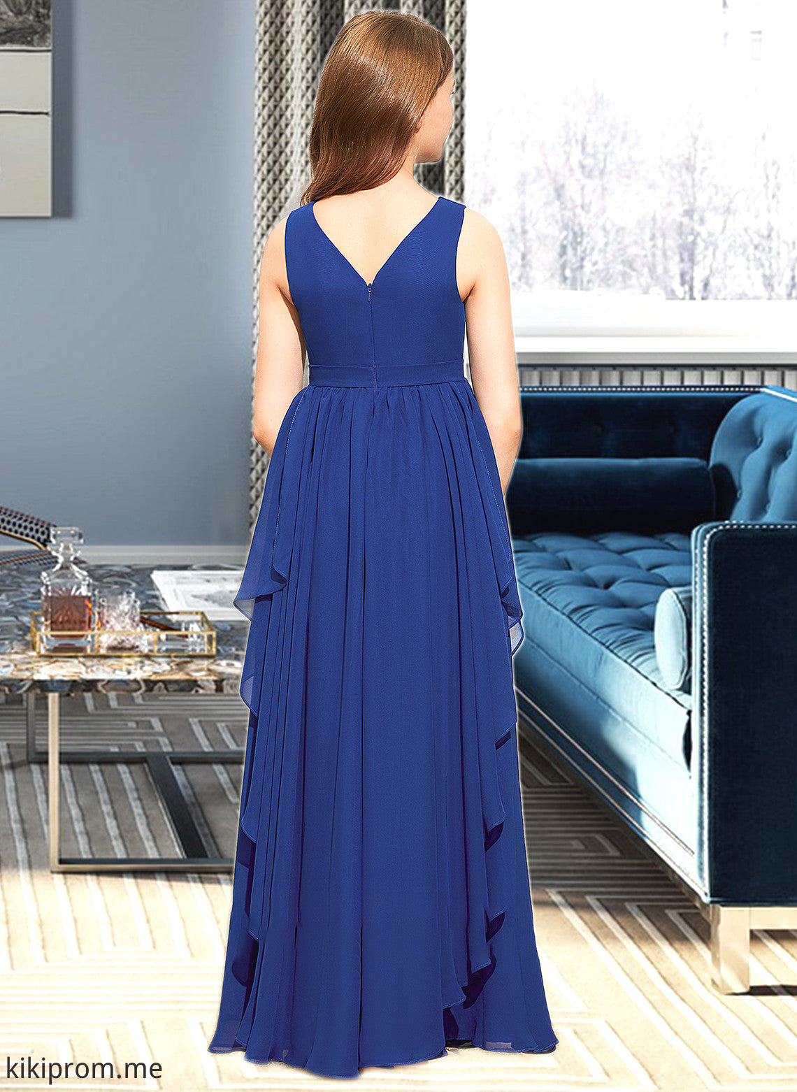 Cindy A-Line V-neck Floor-Length Chiffon Junior Bridesmaid Dress With Cascading Ruffles STFP0013381