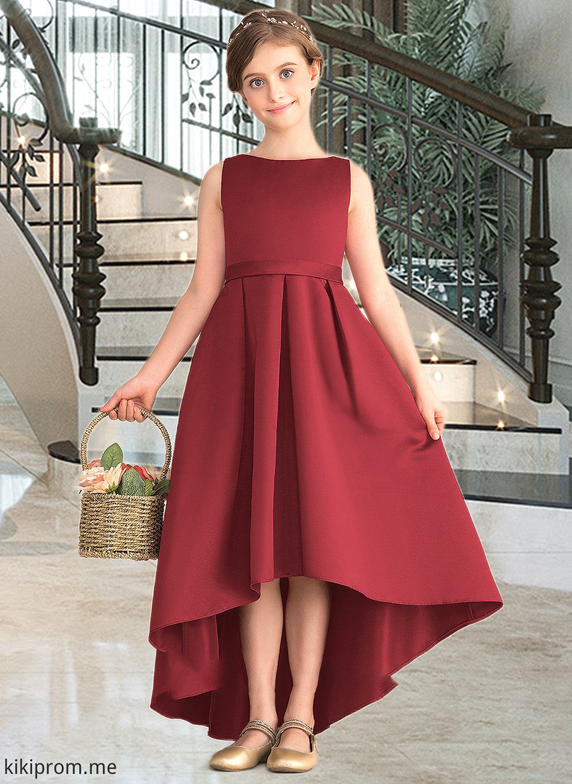 Iliana A-Line Scoop Neck Asymmetrical Satin Junior Bridesmaid Dress With Ruffle Pockets STFP0013385