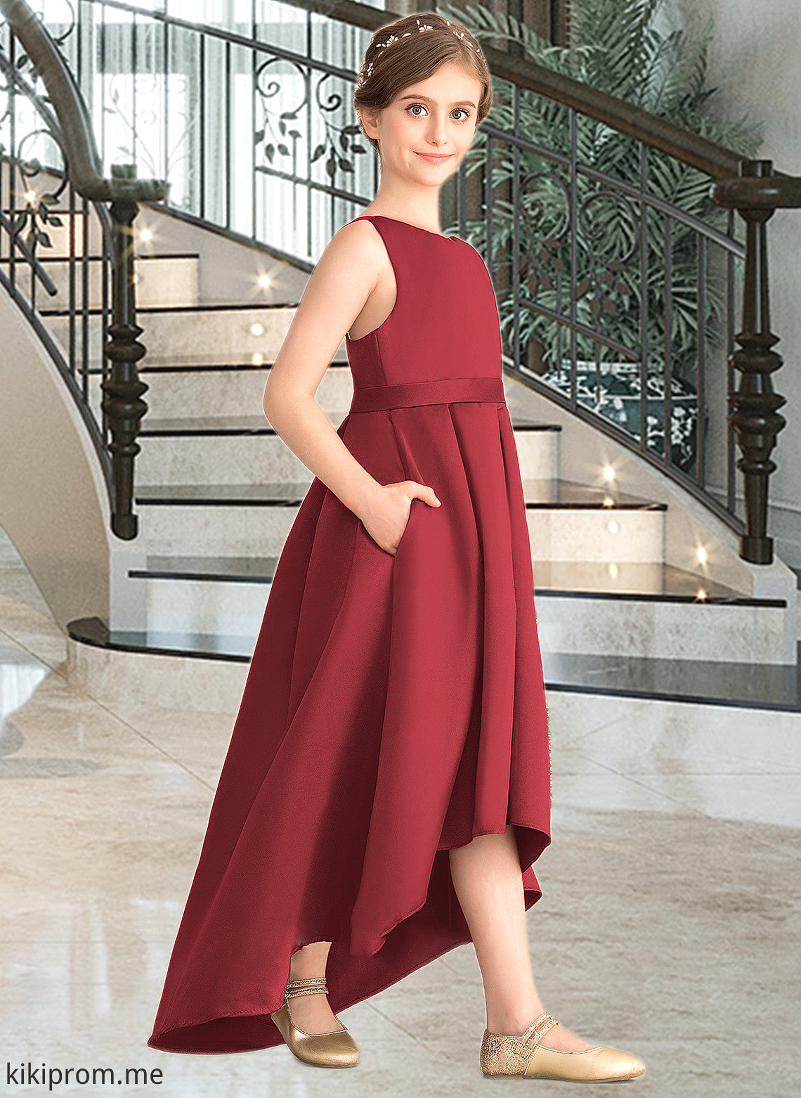 Iliana A-Line Scoop Neck Asymmetrical Satin Junior Bridesmaid Dress With Ruffle Pockets STFP0013385