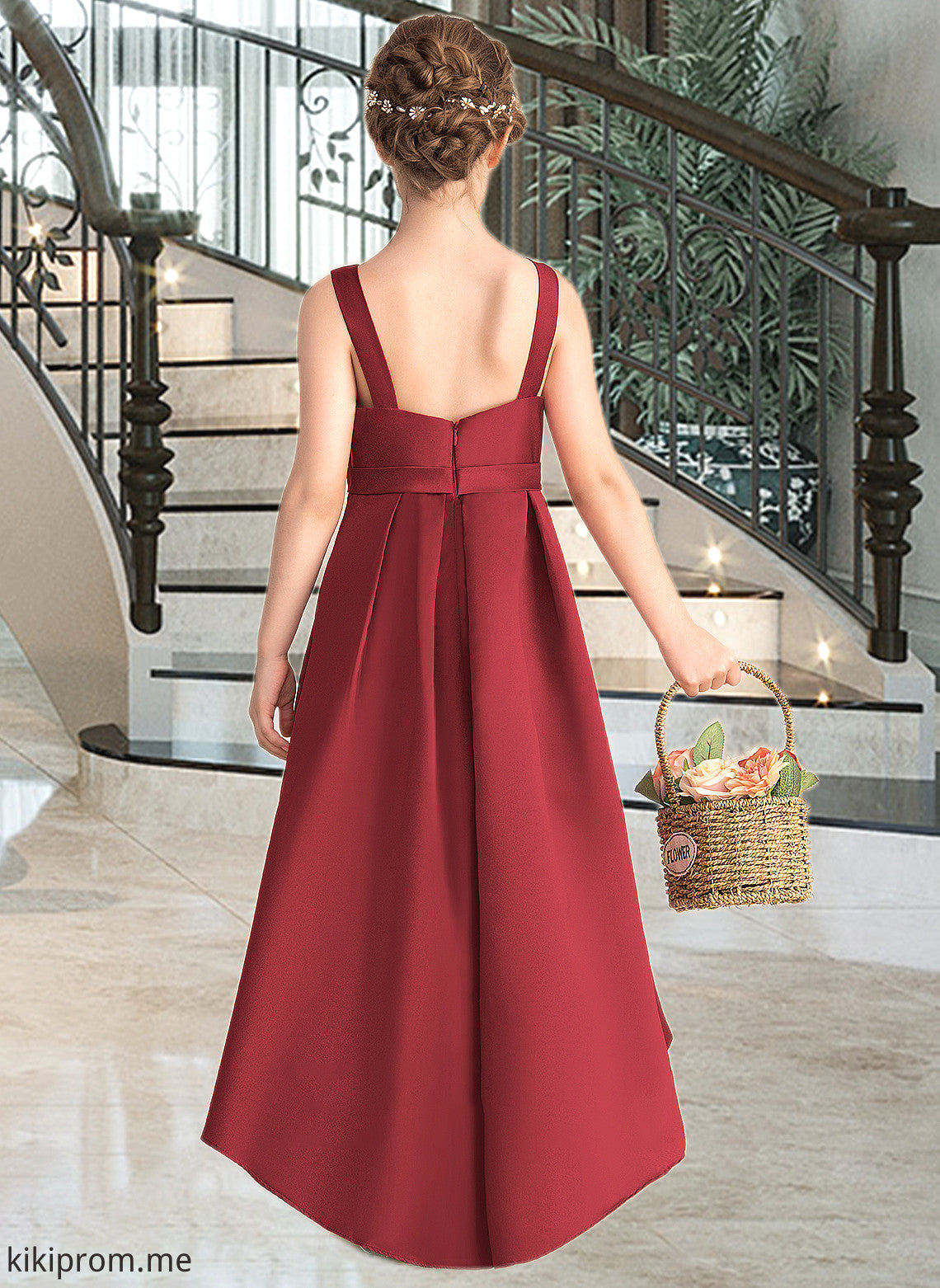 Iliana A-Line Scoop Neck Asymmetrical Satin Junior Bridesmaid Dress With Ruffle Pockets STFP0013385