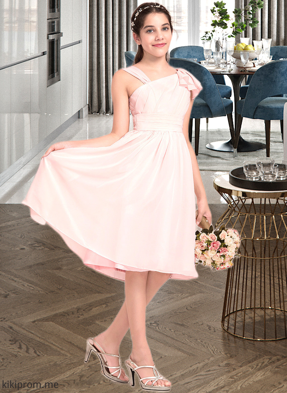 Jode A-Line V-neck Knee-Length Chiffon Junior Bridesmaid Dress With Cascading Ruffles STFP0013386