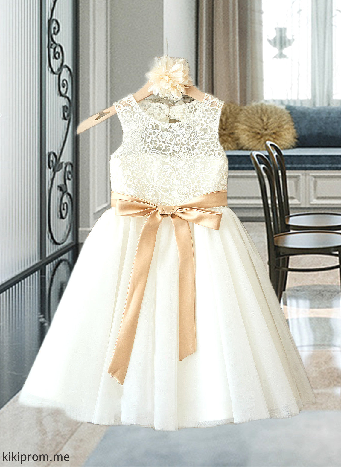 Irene A-Line Scoop Neck Knee-Length Tulle Junior Bridesmaid Dress With Sash Bow(s) STFP0013387