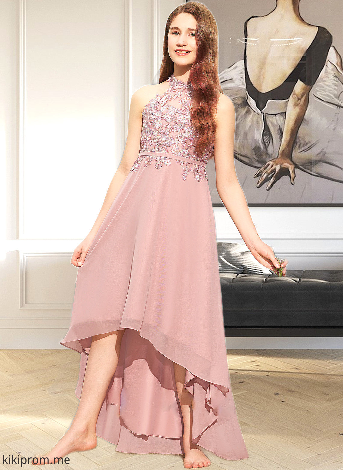 Rachael A-Line Scoop Neck Asymmetrical Chiffon Lace Junior Bridesmaid Dress STFP0013388