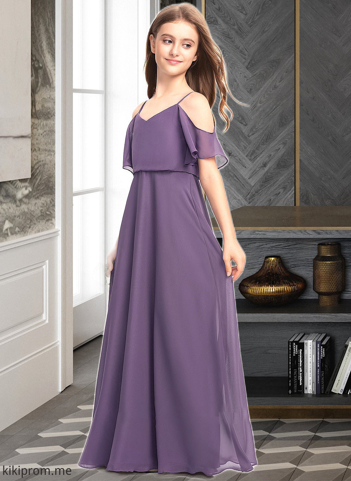 Aniya A-Line V-neck Floor-Length Chiffon Junior Bridesmaid Dress STFP0013390