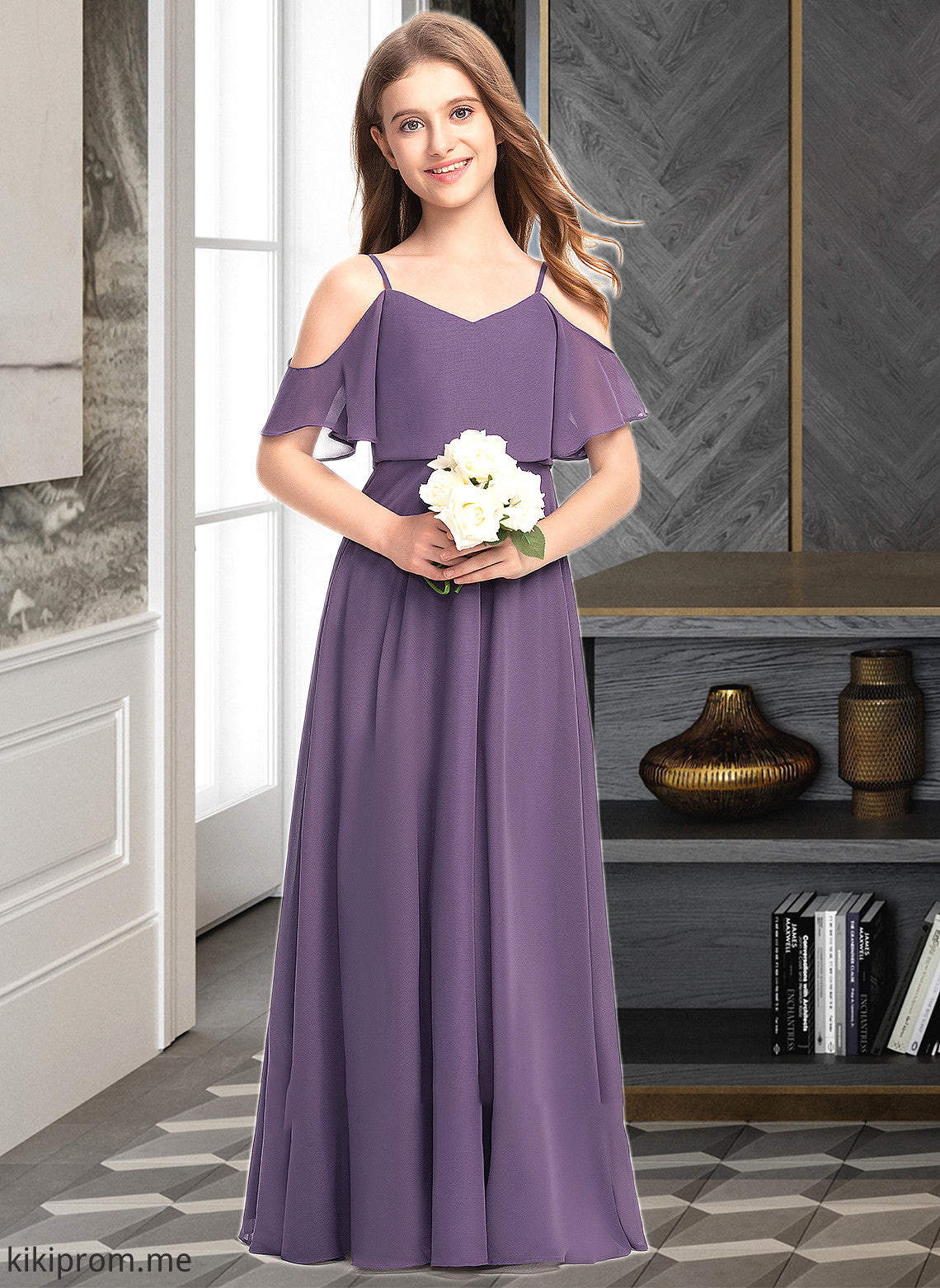 Aniya A-Line V-neck Floor-Length Chiffon Junior Bridesmaid Dress STFP0013390