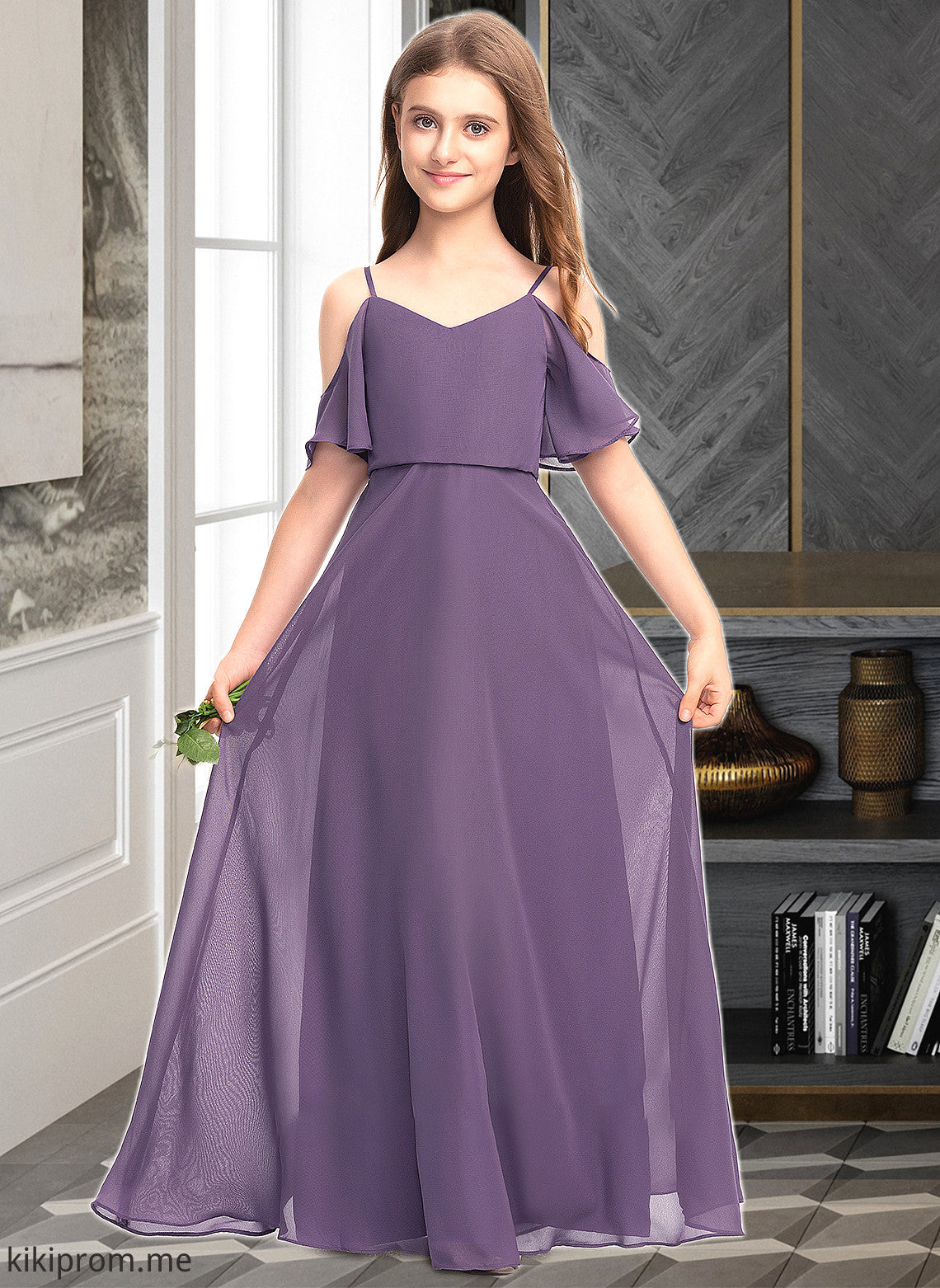 Aniya A-Line V-neck Floor-Length Chiffon Junior Bridesmaid Dress STFP0013390