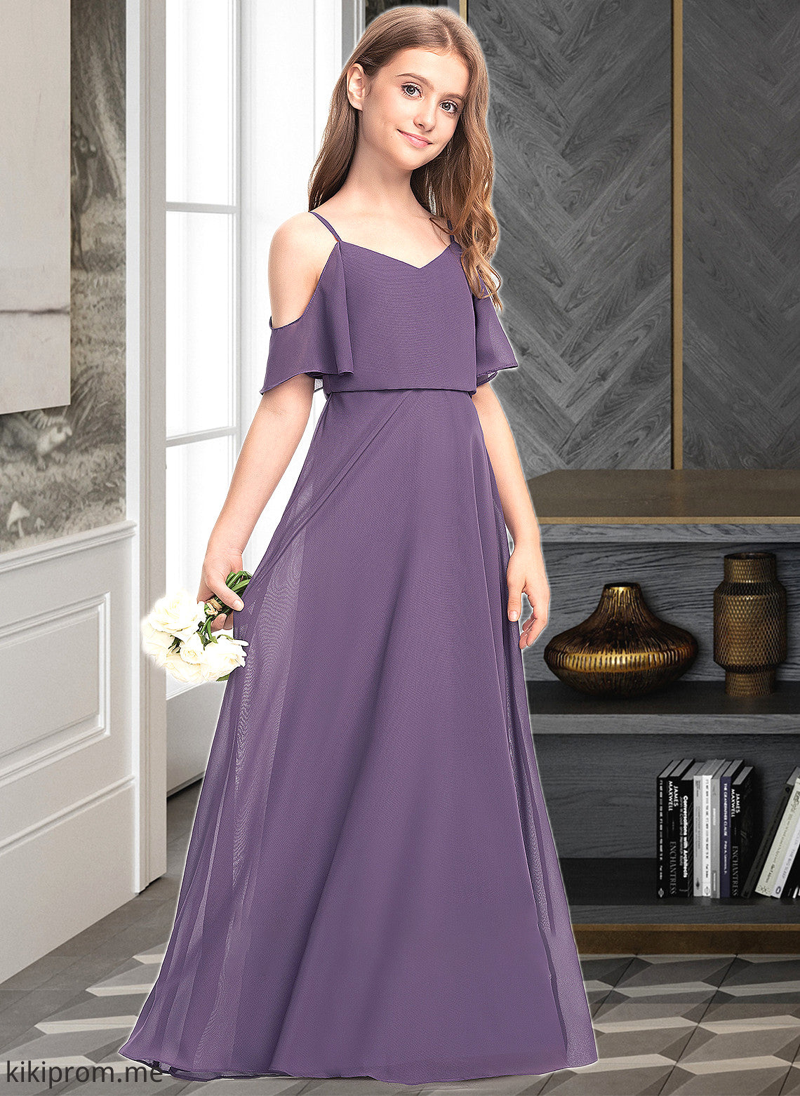 Aniya A-Line V-neck Floor-Length Chiffon Junior Bridesmaid Dress STFP0013390