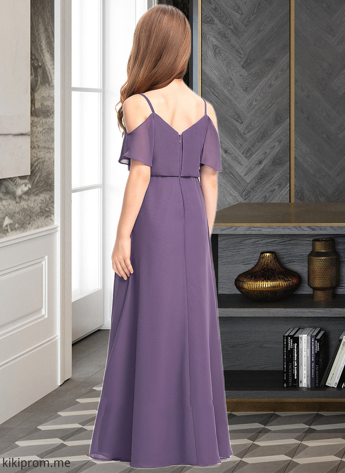 Aniya A-Line V-neck Floor-Length Chiffon Junior Bridesmaid Dress STFP0013390