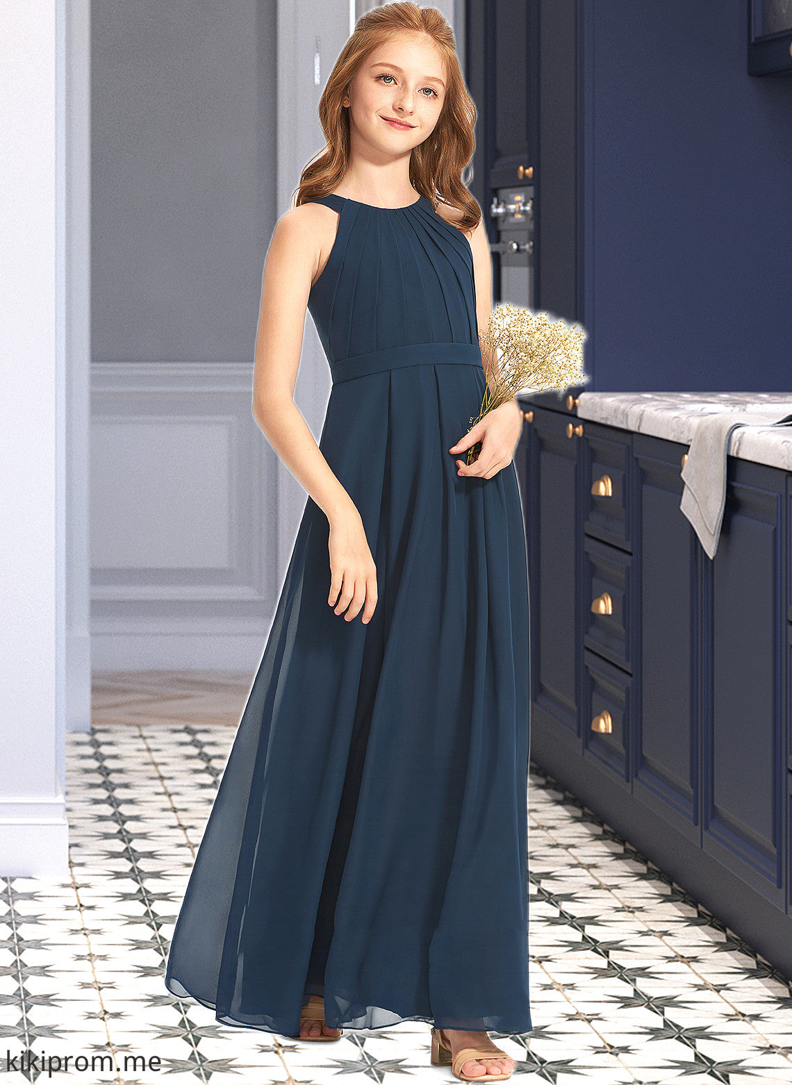 EmeryPiper A-Line Scoop Neck Floor-Length Chiffon Junior Bridesmaid Dress With Ruffle STFP0013397